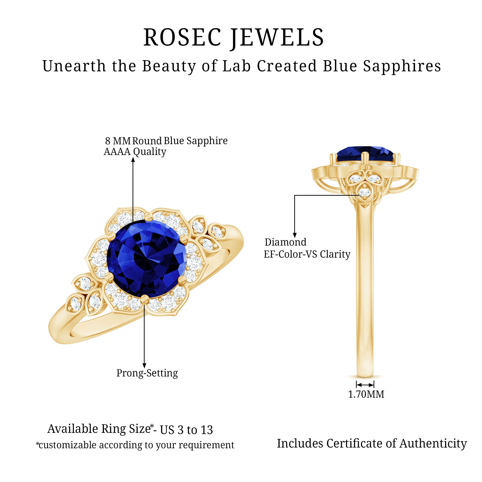 Round Created Blue Sapphire Flower Engagement Ring with Diamond AAAA - Rosec Jewels