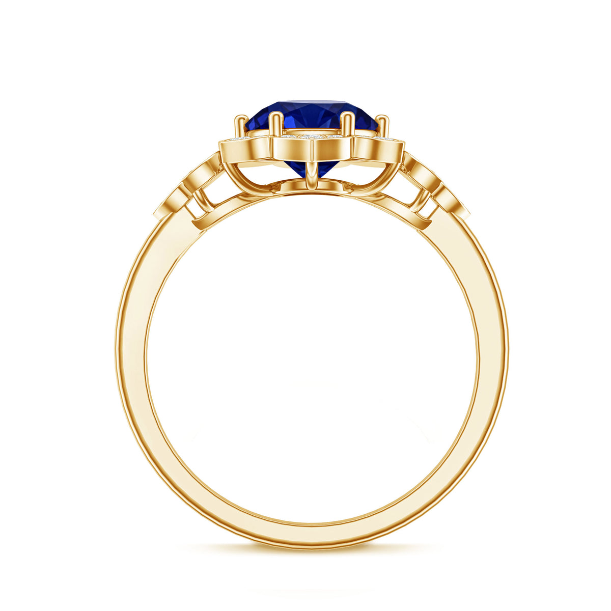 Round Created Blue Sapphire Flower Engagement Ring with Diamond AAAA - Rosec Jewels