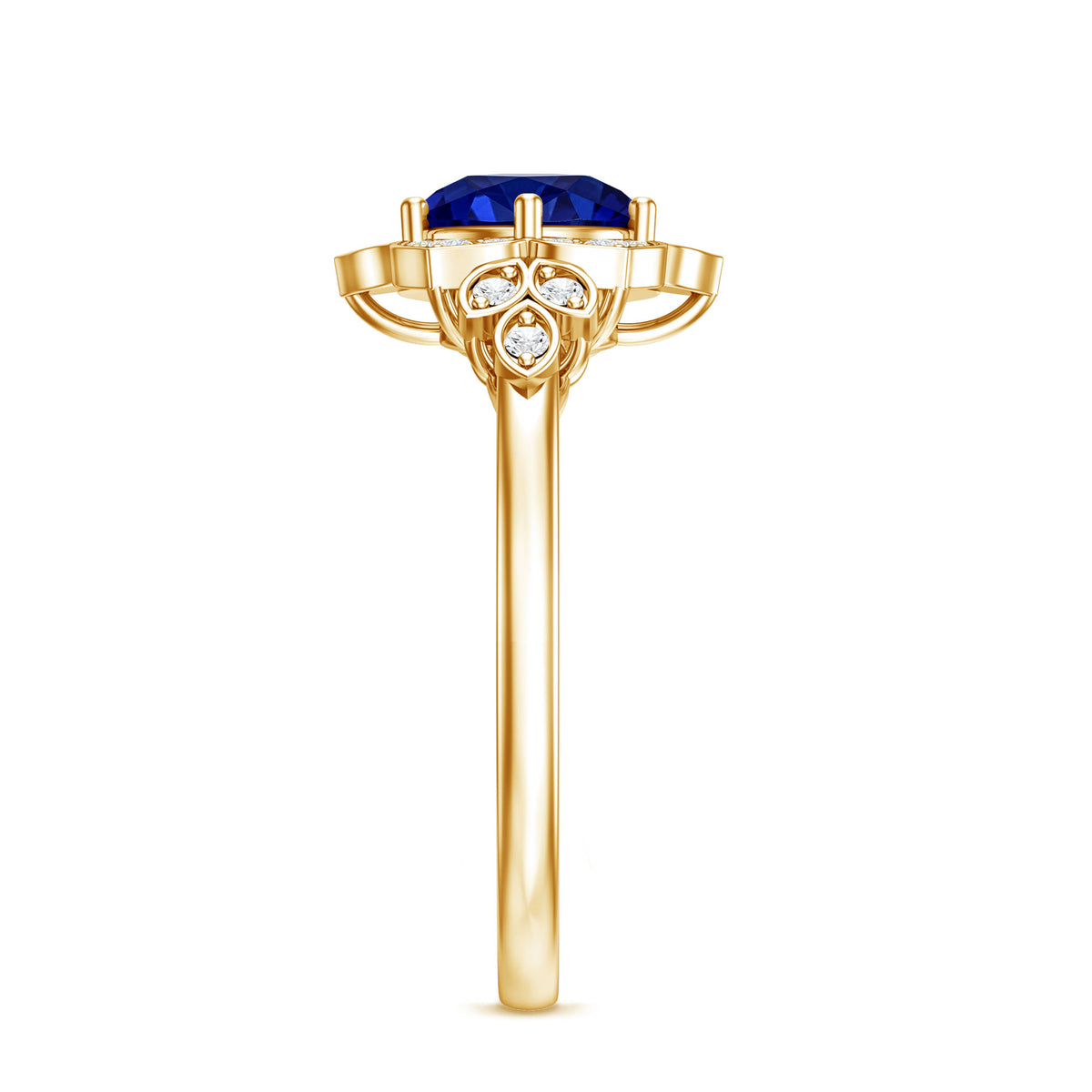 Round Created Blue Sapphire Flower Engagement Ring with Diamond AAAA - Rosec Jewels