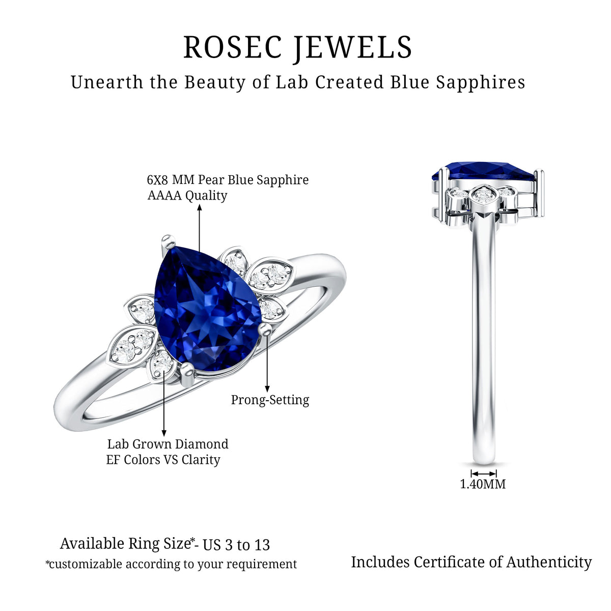 Certified Lab Grown Blue Sapphire Teardrop Engagement Ring with Diamonds AAAA - Rosec Jewels