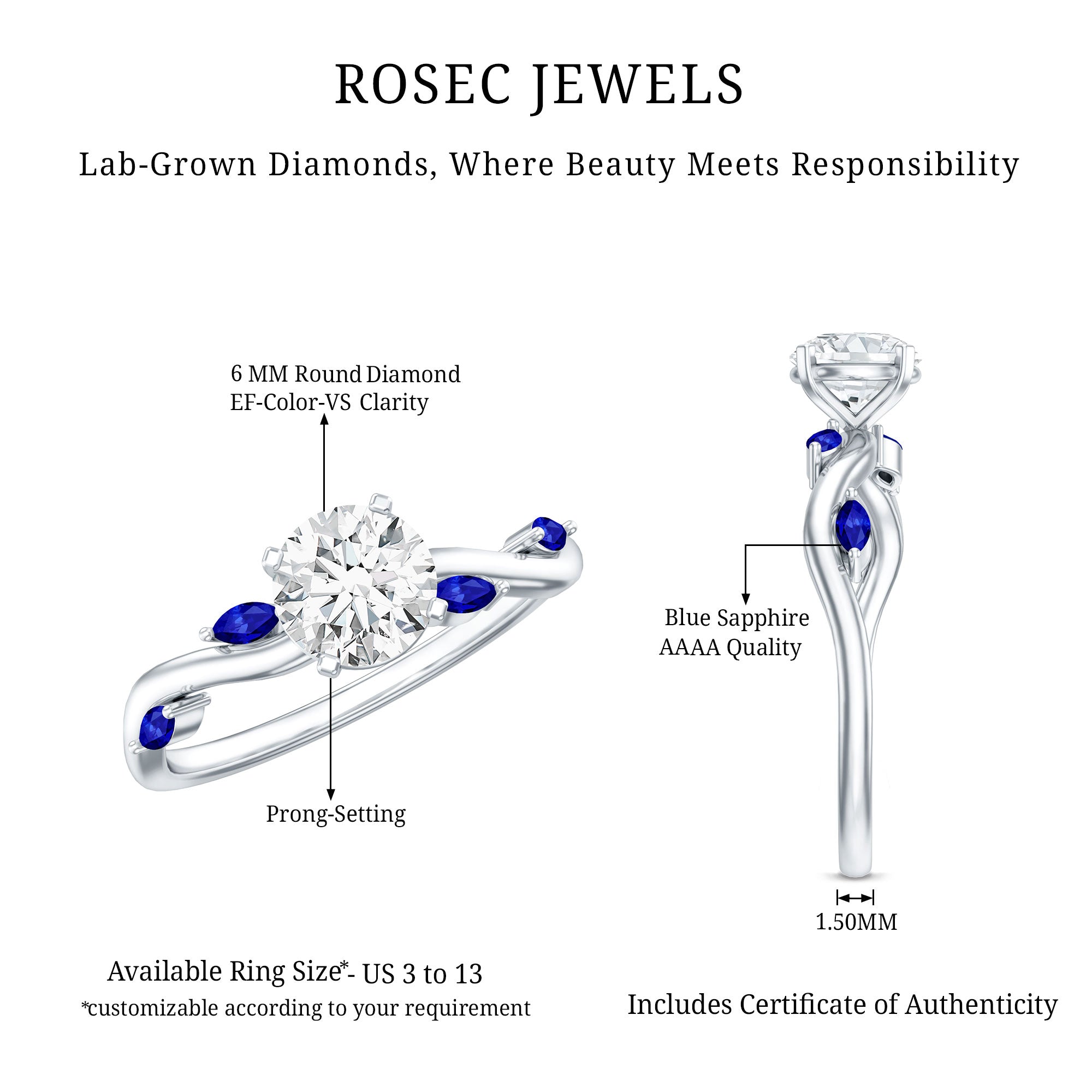 Certified Lab Grown Diamond Engagement Ring with Sapphire Lab - ( EF-VS ) - Rosec Jewels