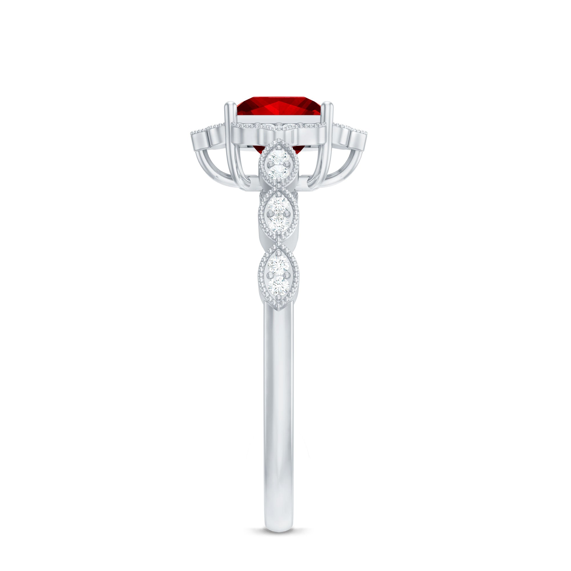 Certified Lab Created Ruby Square Cut Engagement Ring with Diamonds AAAA - Rosec Jewels