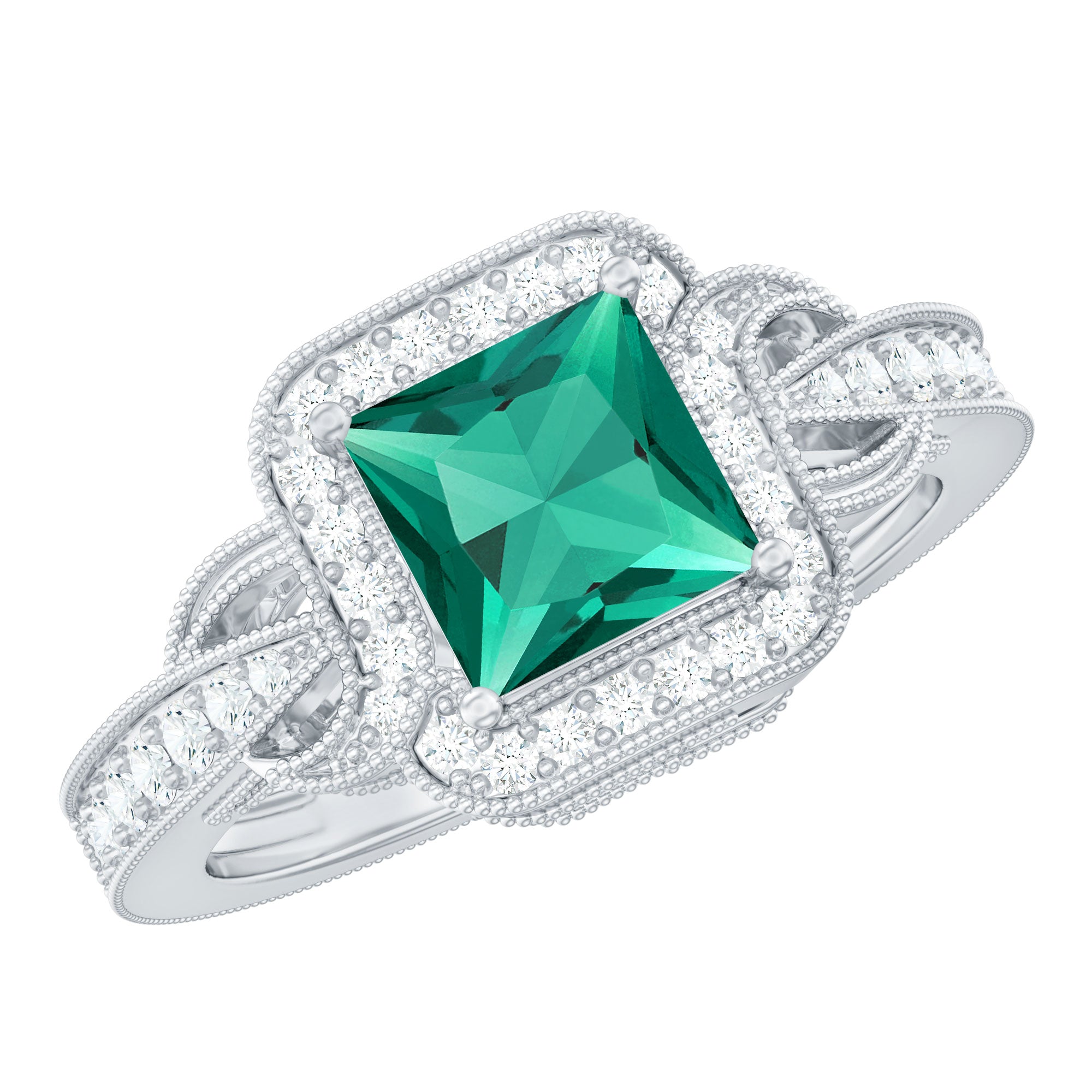 Lab Grown Emerald Vintage Inspired Engagement Ring with Diamond AAAA - Rosec Jewels