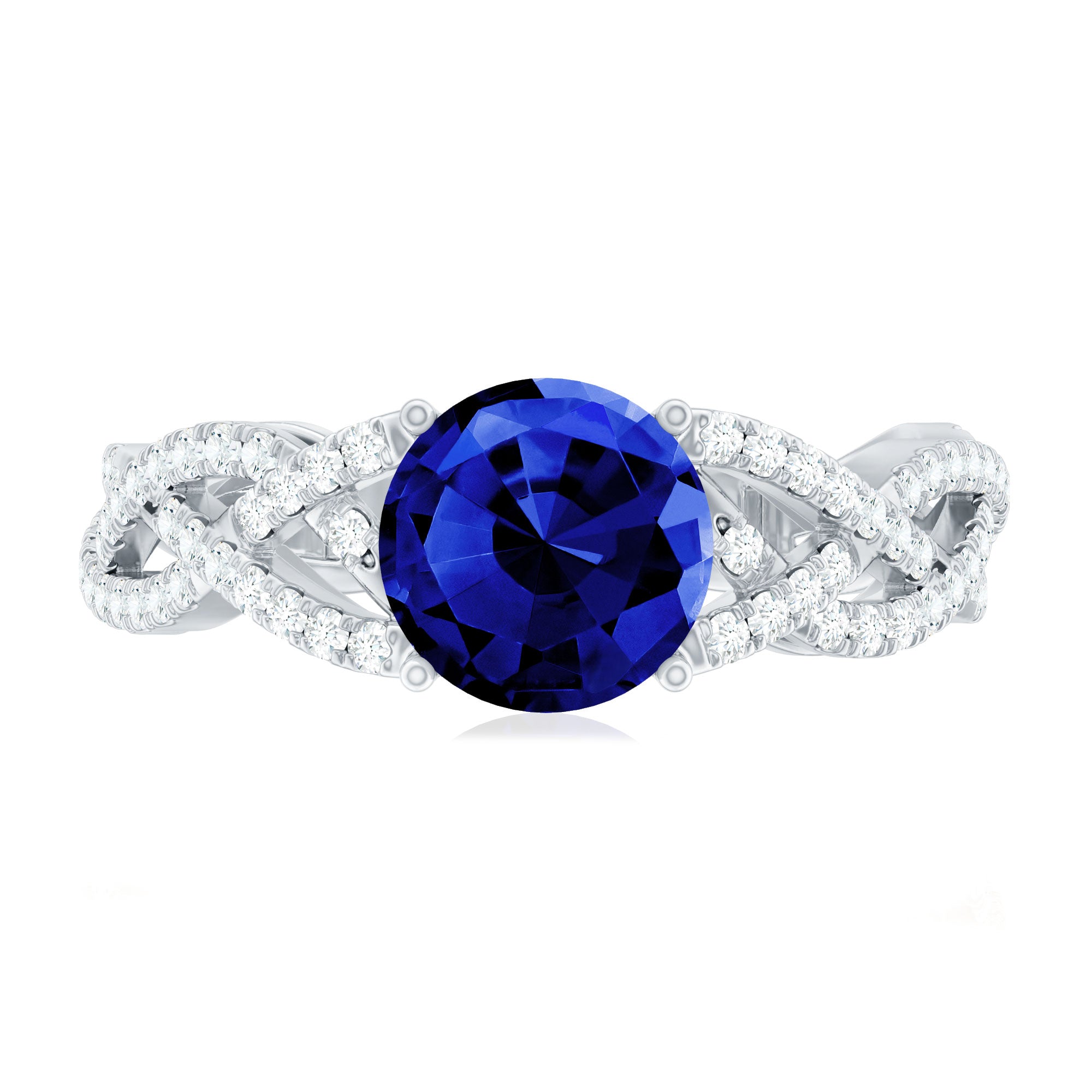 Designer 2.7 Carat Lab Grown Blue Sapphire Engagement Ring with Diamond Criss Cross Shank AAAA - Rosec Jewels
