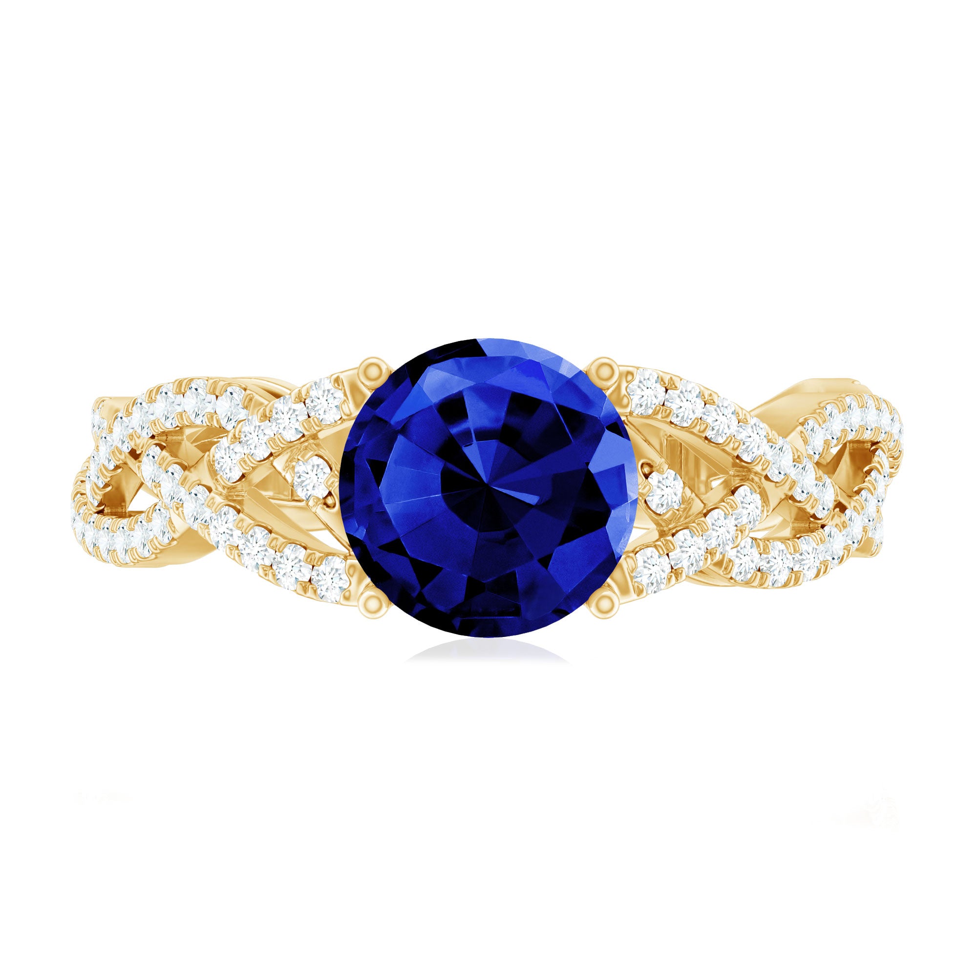 Designer 2.7 Carat Lab Grown Blue Sapphire Engagement Ring with Diamond Criss Cross Shank AAAA - Rosec Jewels