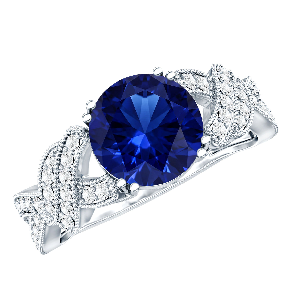 Designer 2.7 Carat Lab Grown Blue Sapphire Statement Engagement Ring with Diamond AAAA - Rosec Jewels