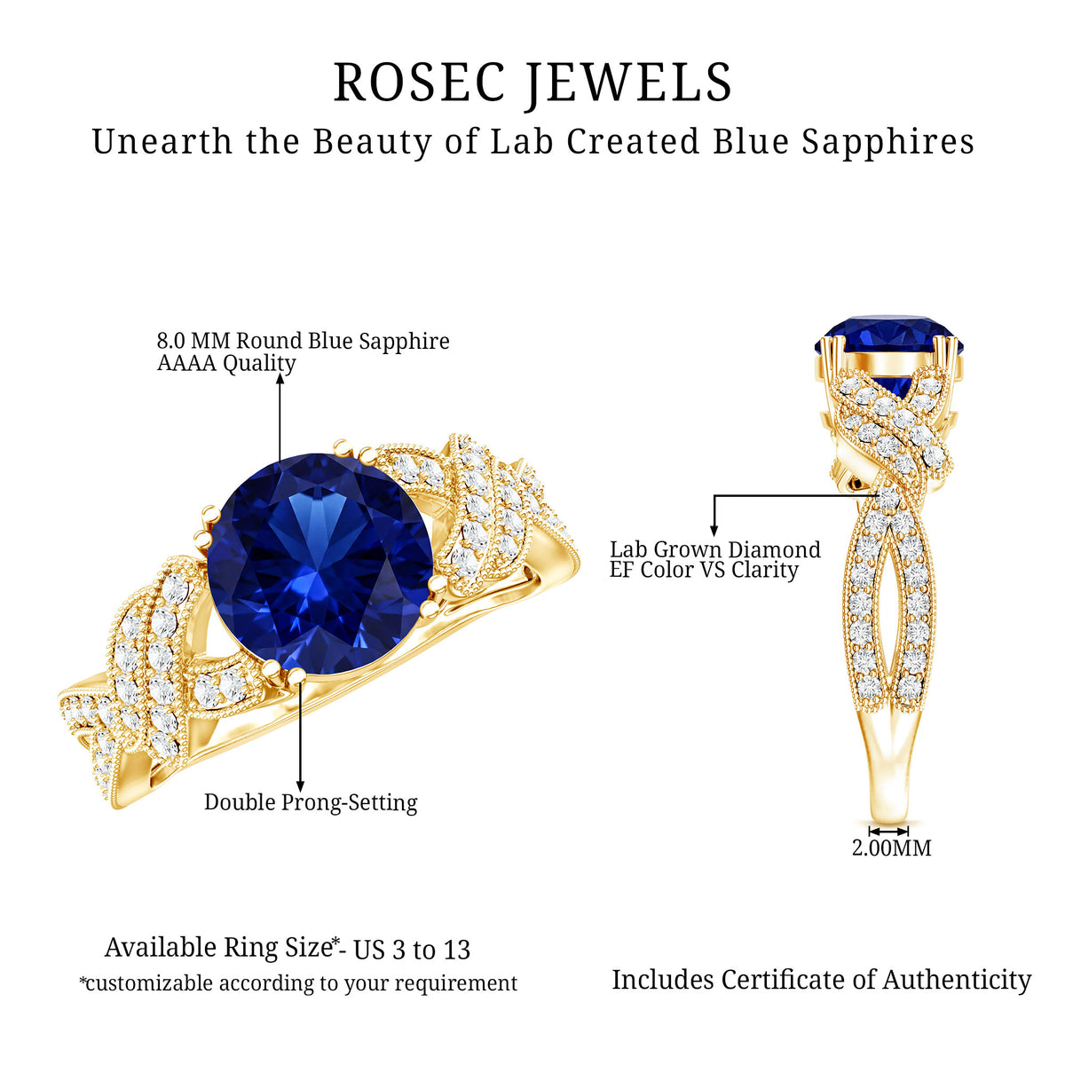 Designer 2.7 Carat Lab Grown Blue Sapphire Statement Engagement Ring with Diamond AAAA - Rosec Jewels