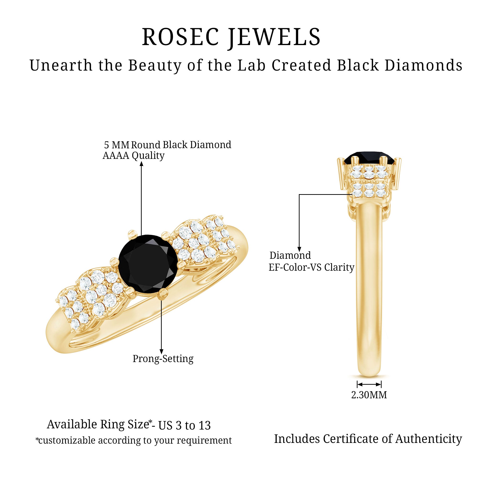 Certified 0.84 Carat Lab Grown Black Diamond Solitaire Engagement Ring with White Diamond AAAA ( Synthetic ) - Rosec Jewels
