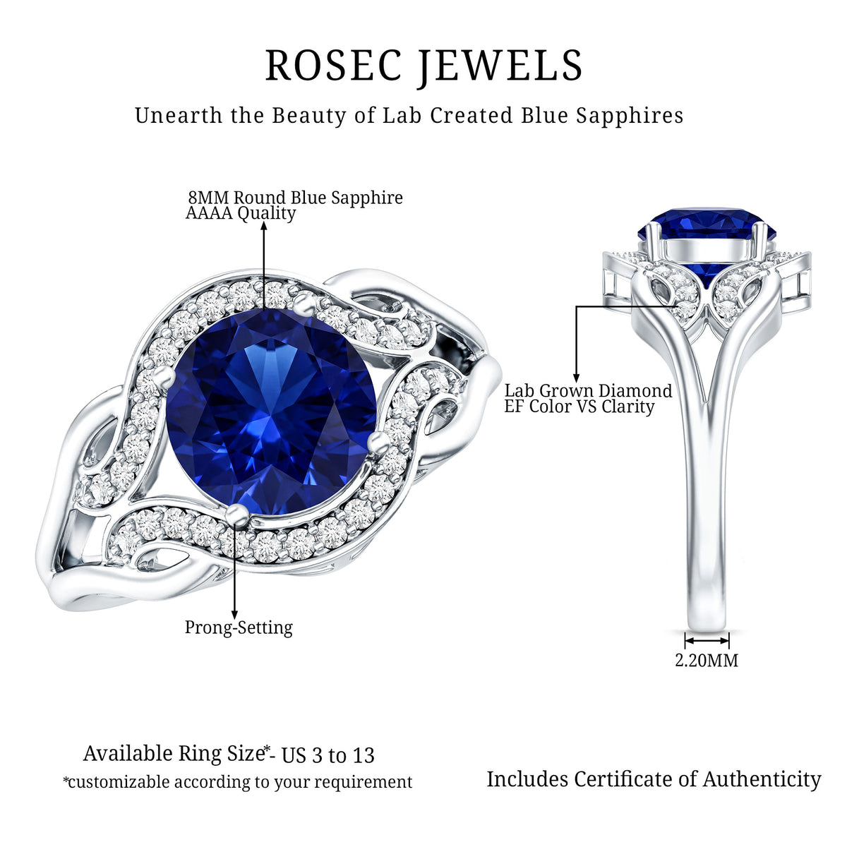 Certified Lab Grown Blue Sapphire Antique engagement ring with Diamond AAAA - Rosec Jewels