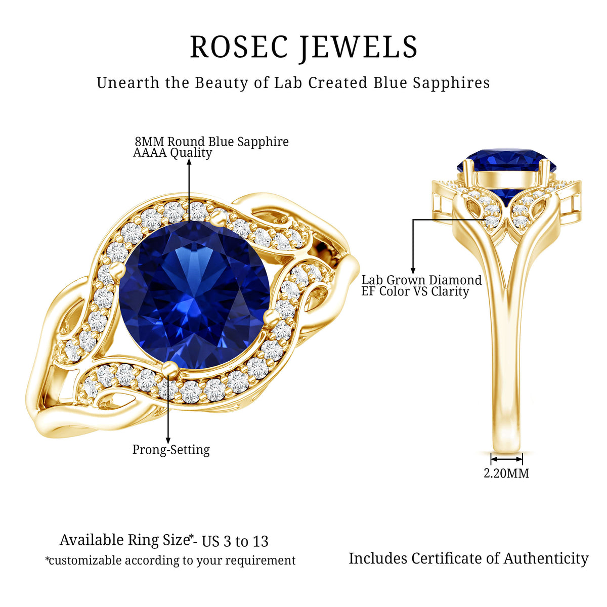 Certified Lab Grown Blue Sapphire Antique engagement ring with Diamond AAAA - Rosec Jewels