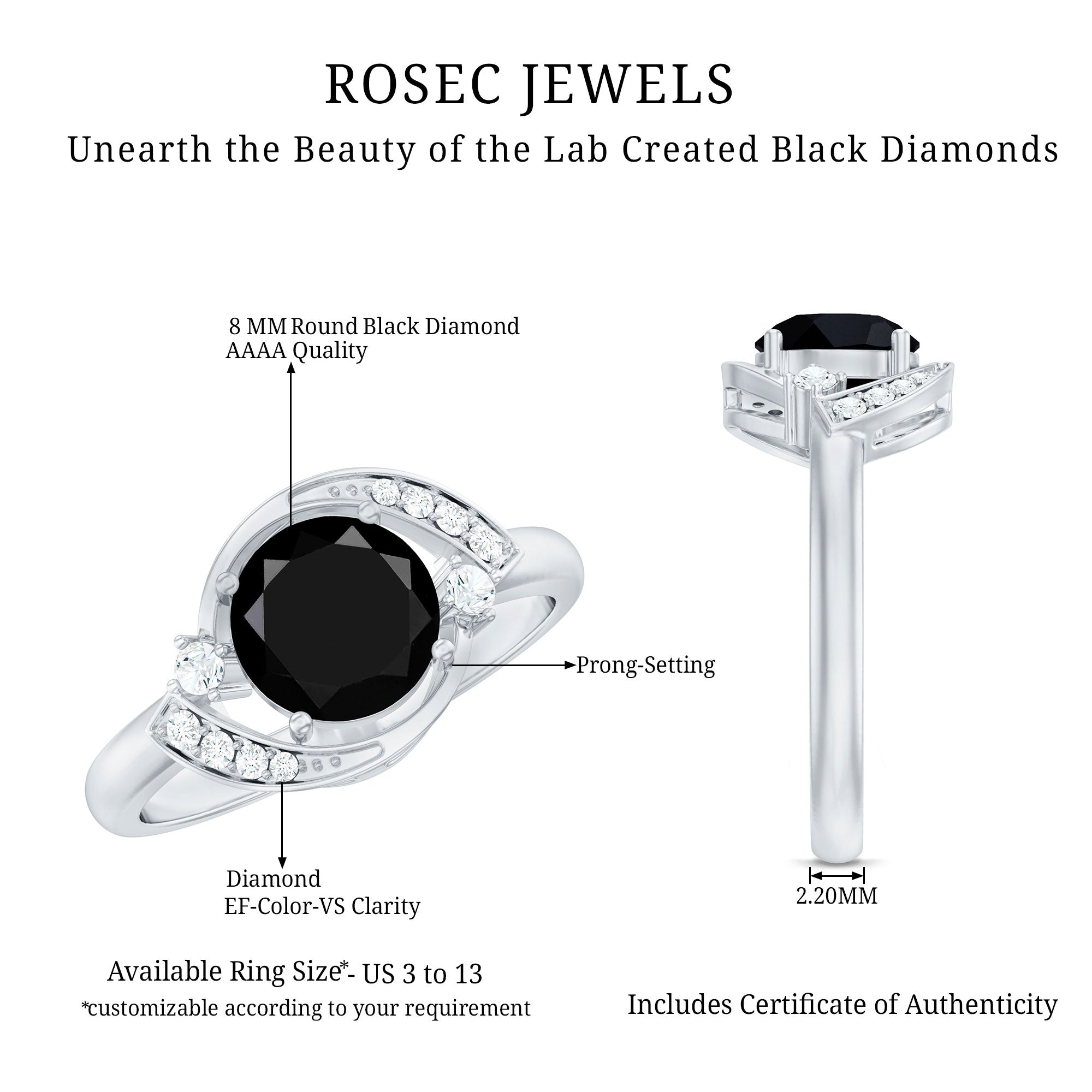 2 Carat Lab Grown Black and White Diamond Engagement Ring for Women AAAA ( Synthetic ) - Rosec Jewels