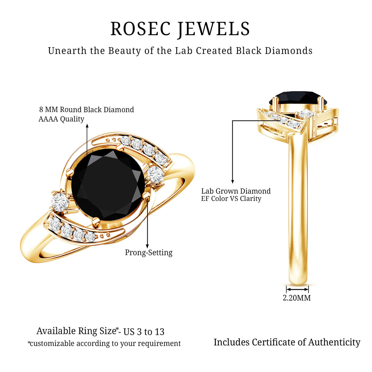 2 Carat Lab Grown Black and White Diamond Engagement Ring for Women AAAA ( Synthetic ) - Rosec Jewels