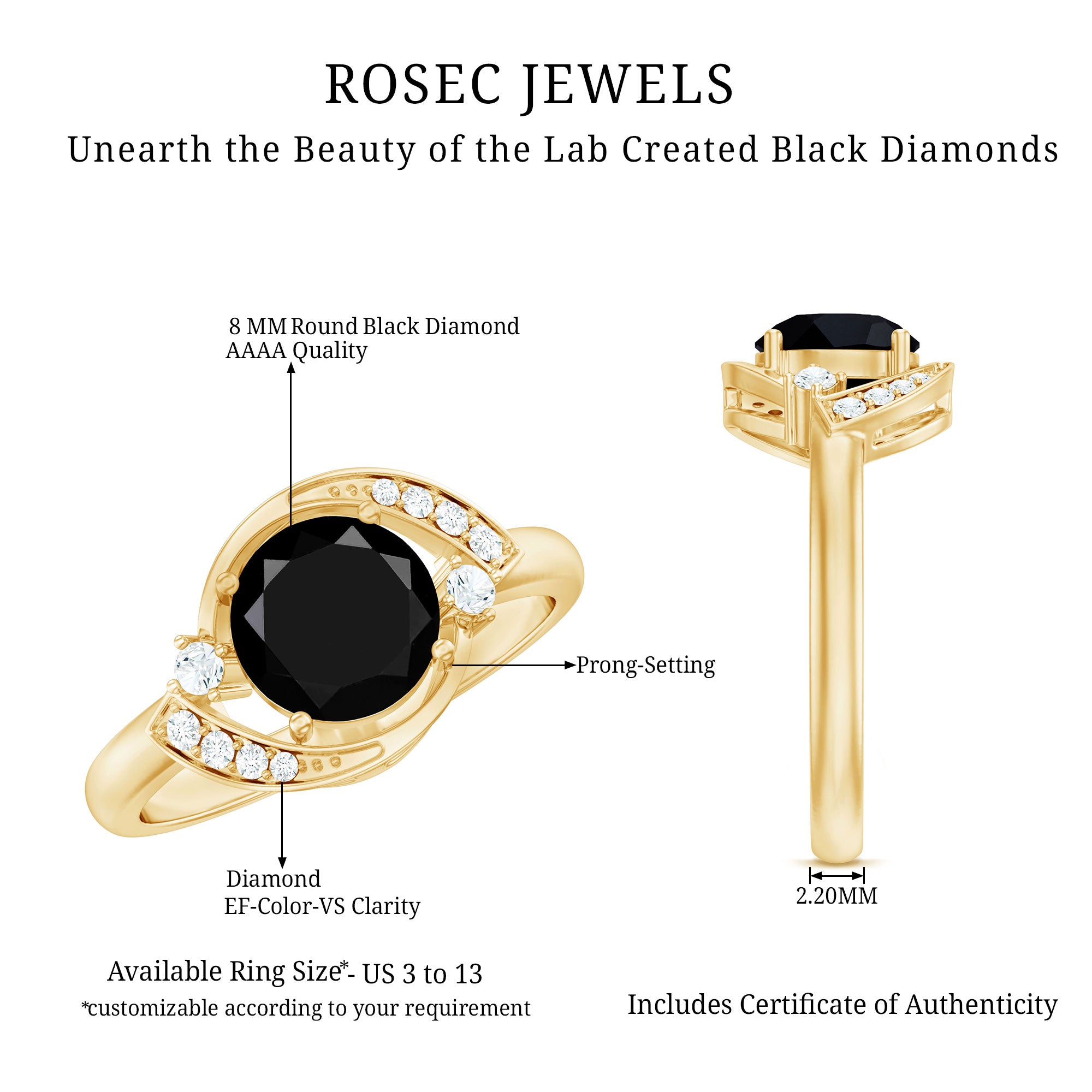 2 Carat Lab Grown Black and White Diamond Engagement Ring for Women AAAA ( Synthetic ) - Rosec Jewels