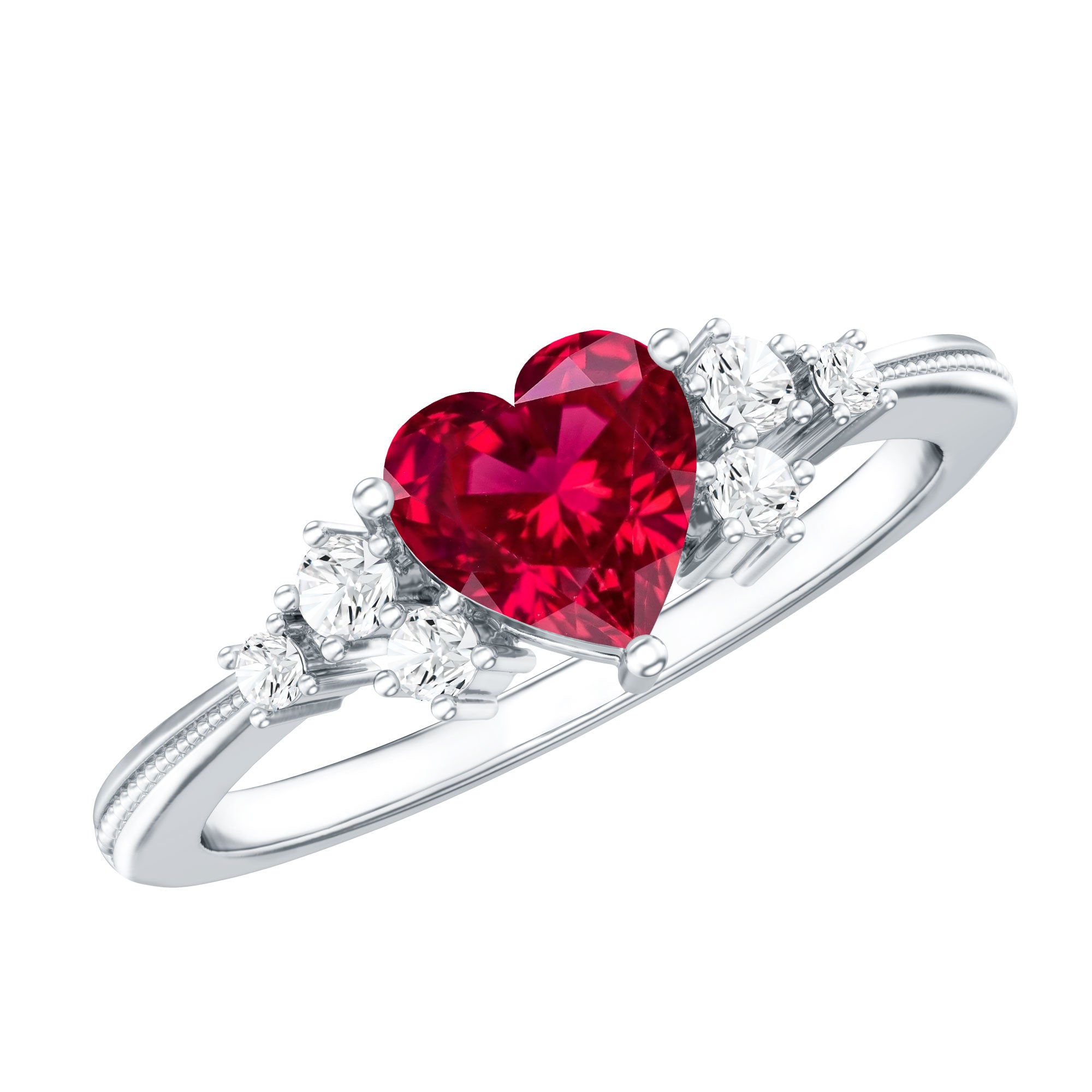 Lab Grown Ruby Heart Promise Ring with Diamond Accent AAAA - Rosec Jewels