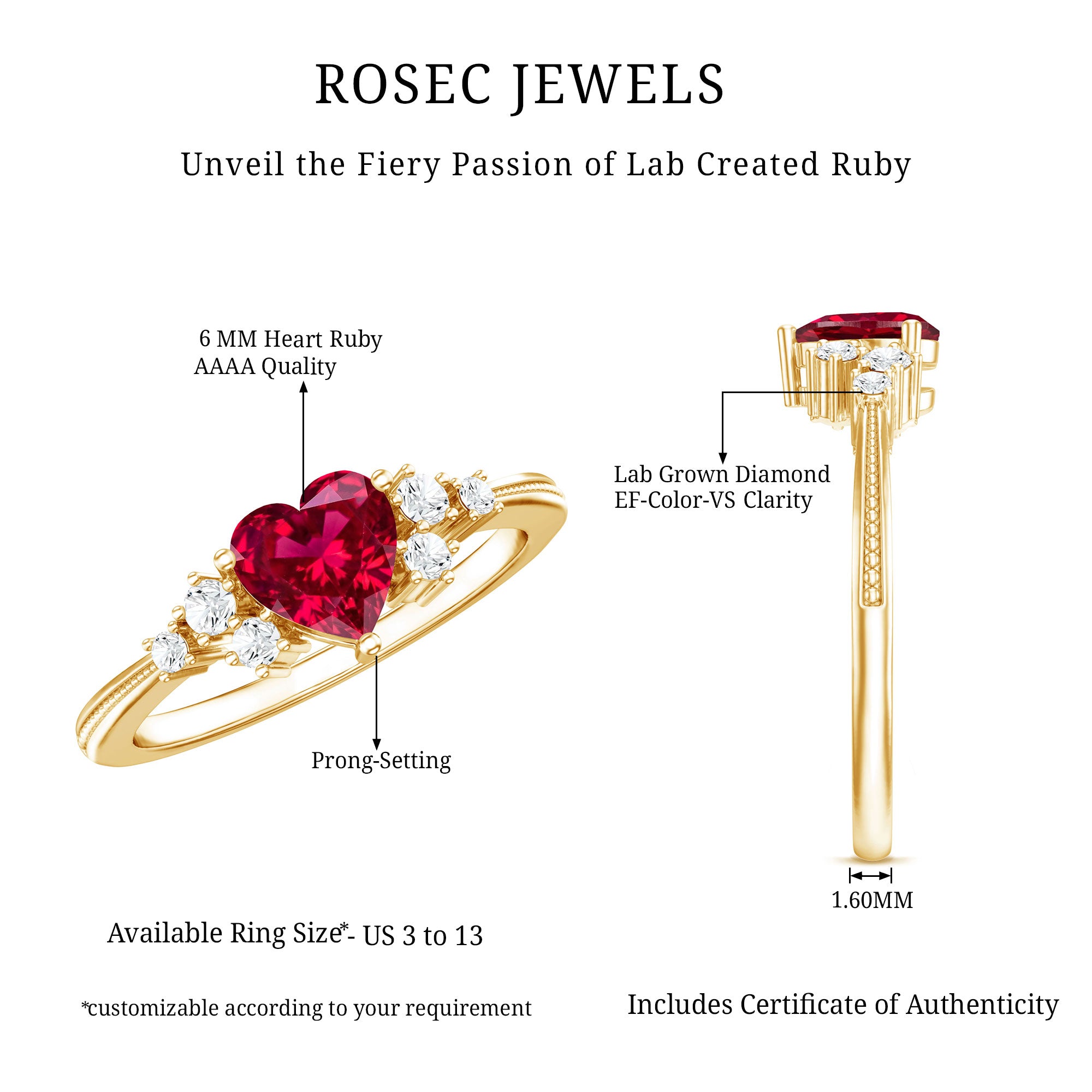 Lab Grown Ruby Heart Promise Ring with Diamond Accent AAAA - Rosec Jewels
