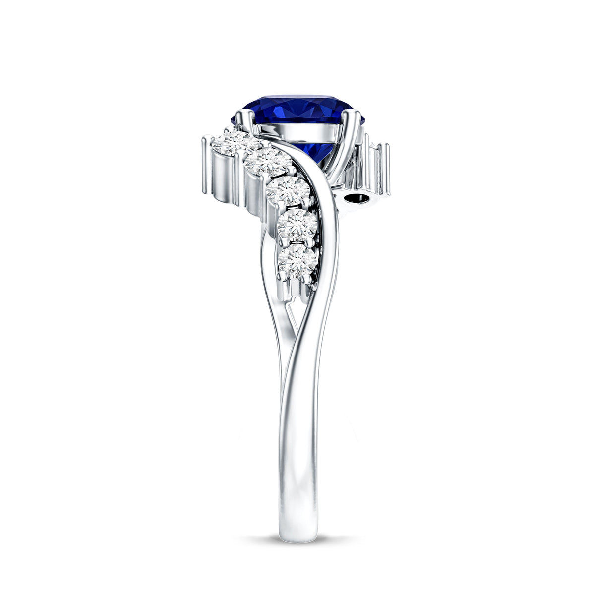 Certified 2.7 Carat Lab Grown Blue Sapphire Engagement Ring with Diamond Bypass Shank AAAA - Rosec Jewels