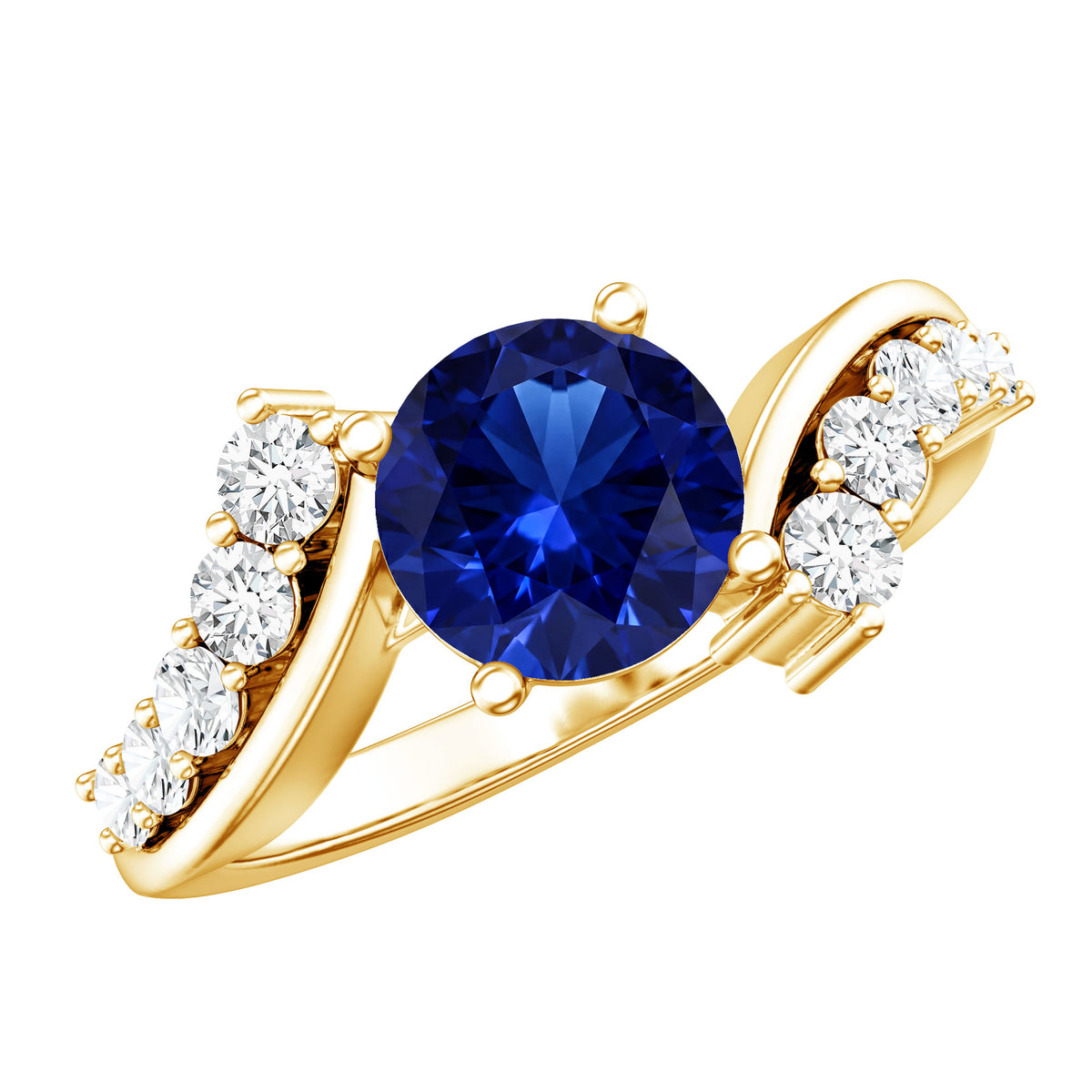 Certified 2.7 Carat Lab Grown Blue Sapphire Engagement Ring with Diamond Bypass Shank AAAA - Rosec Jewels