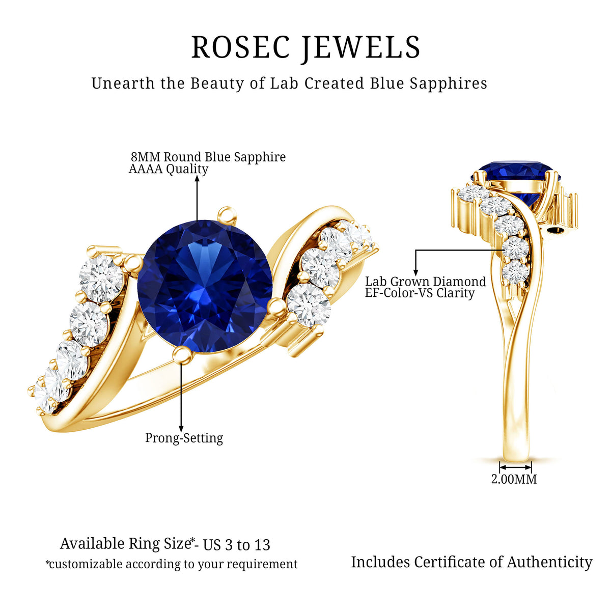 Certified 2.7 Carat Lab Grown Blue Sapphire Engagement Ring with Diamond Bypass Shank AAAA - Rosec Jewels