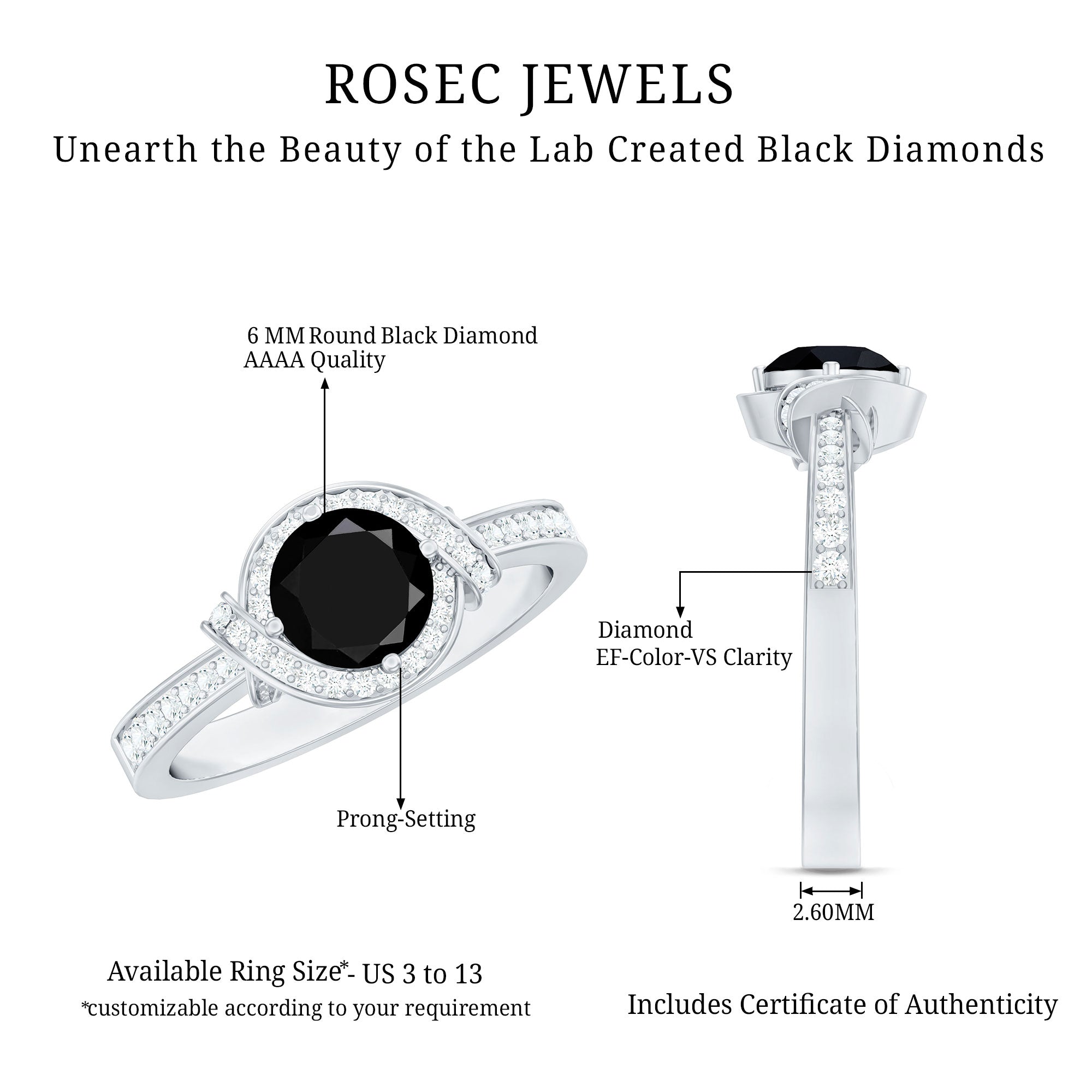 1.6 Carat Lab Grown Black Diamond Engagement Ring with White Diamond Halo AAAA ( Synthetic ) - Rosec Jewels