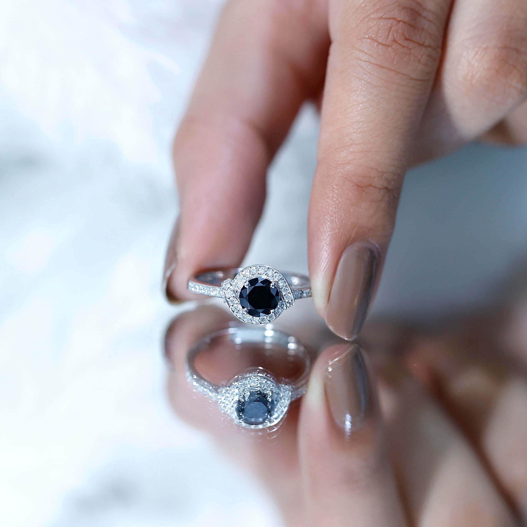 1.6 Carat Lab Grown Black Diamond Engagement Ring with White Diamond Halo AAAA ( Synthetic ) - Rosec Jewels