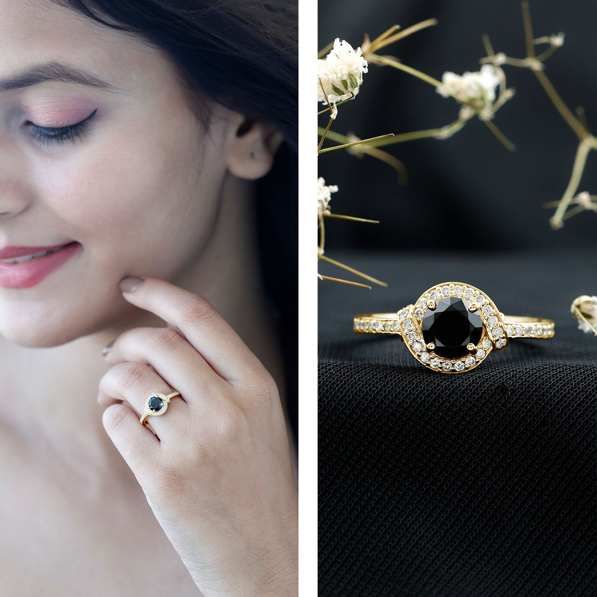 1.6 Carat Lab Grown Black Diamond Engagement Ring with White Diamond Halo AAAA ( Synthetic ) - Rosec Jewels