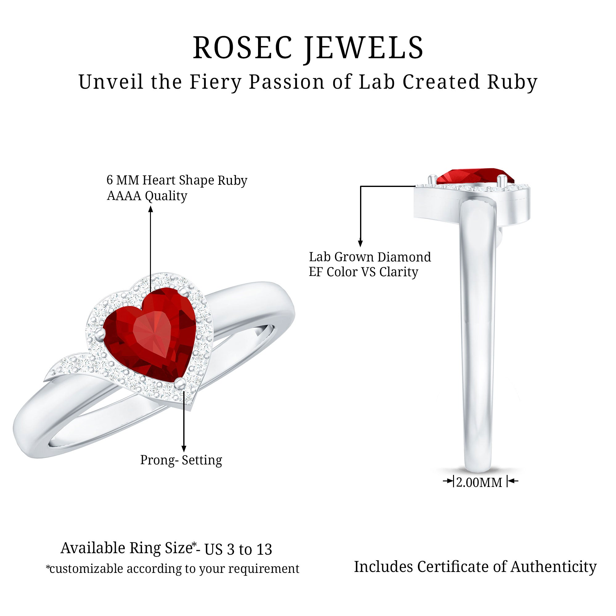 6 MM Lab Grown Ruby Heart Engagement Ring with Diamond Halo AAAA - Rosec Jewels