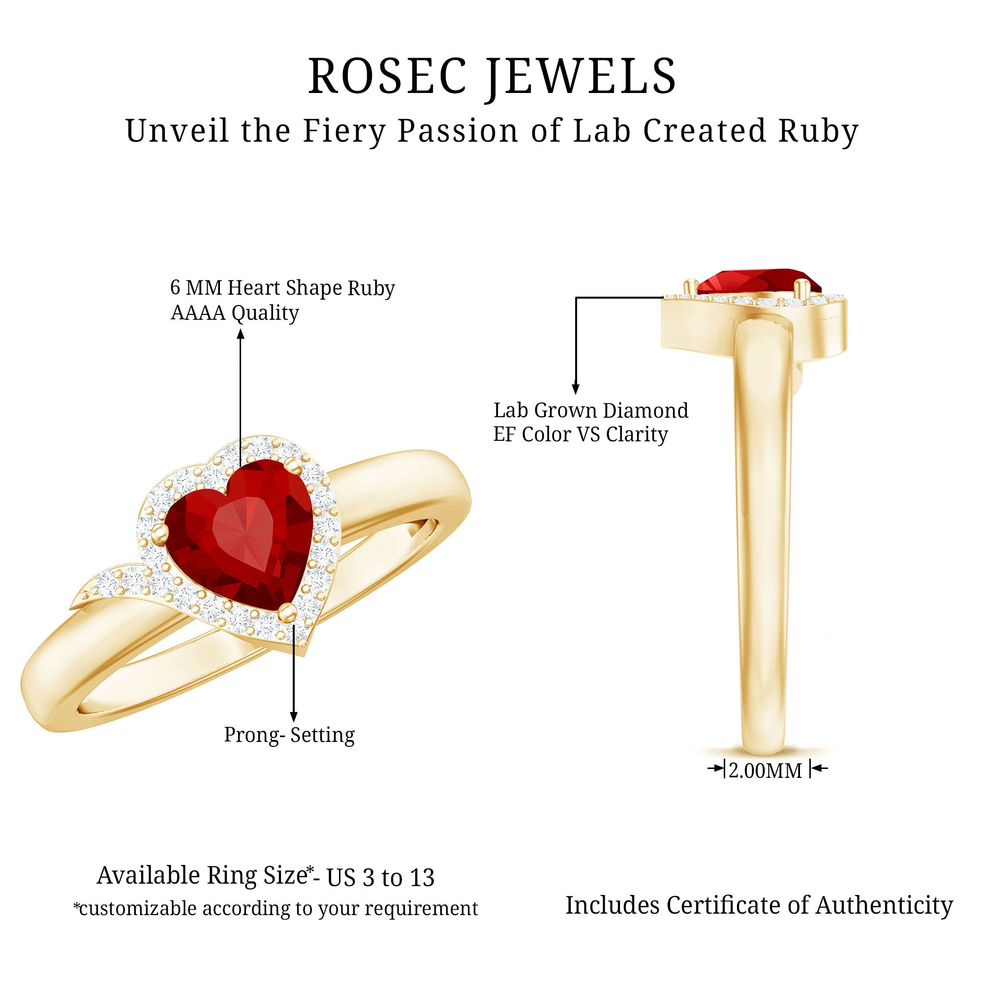 6 MM Lab Grown Ruby Heart Engagement Ring with Diamond Halo AAAA - Rosec Jewels