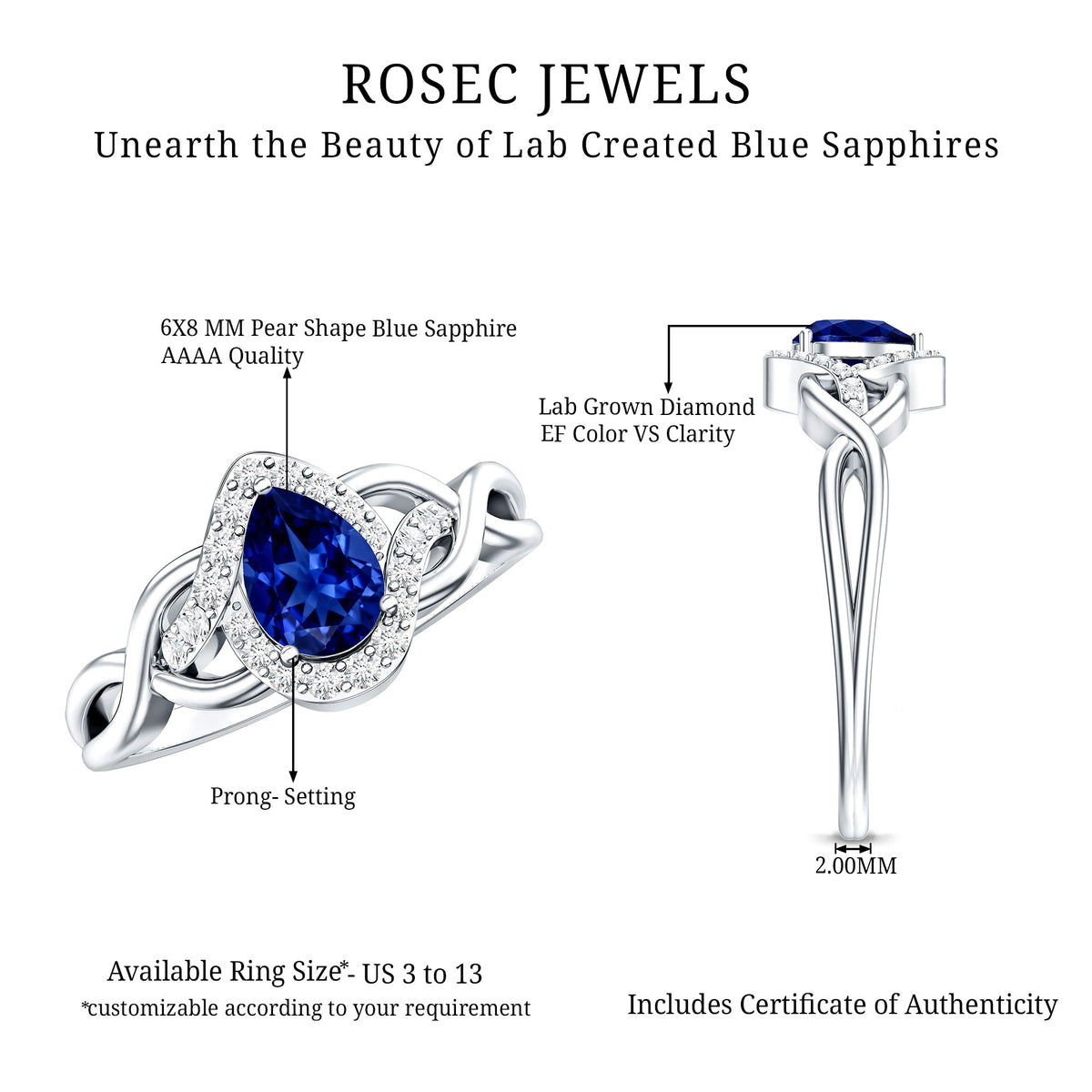 Certified 1.6 Carat Lab Grown Blue Sapphire Diamond Teardrop Engagement Ring with Crossover Shank AAAA - Rosec Jewels