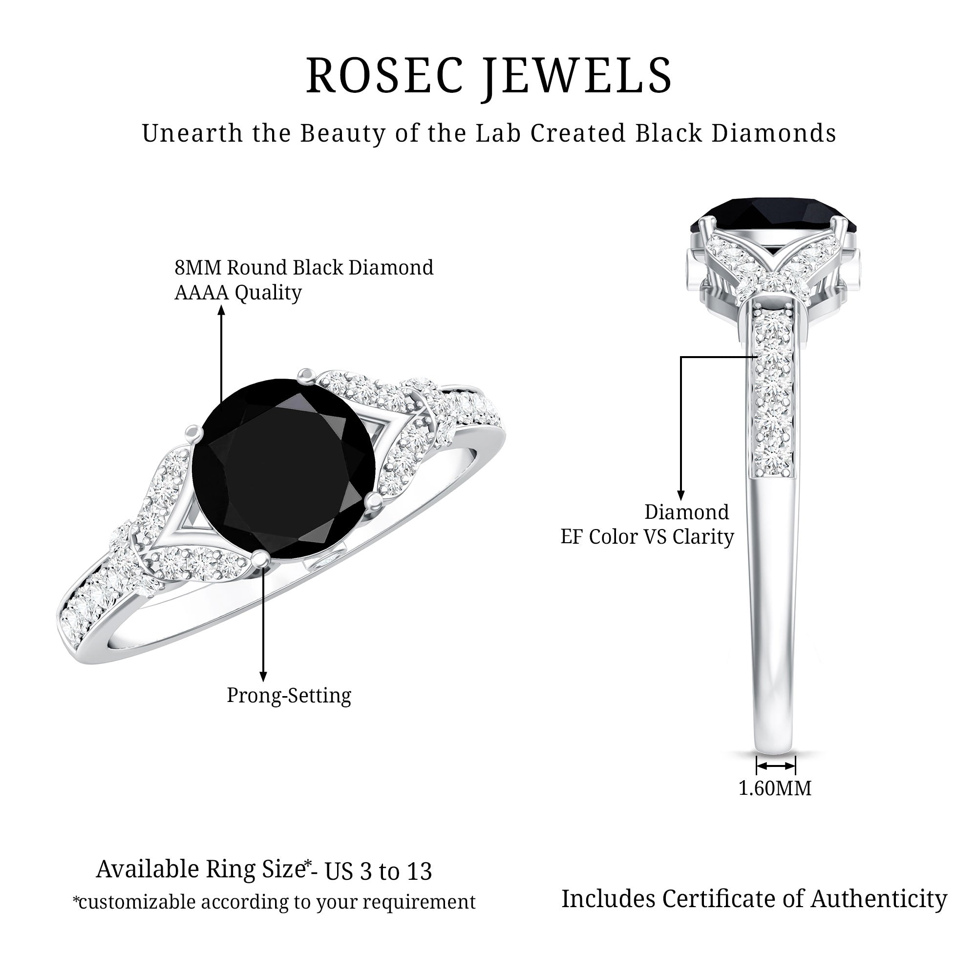 Lab Grown Black Diamond Solitaire Engagement Ring AAAA ( Synthetic ) - Rosec Jewels