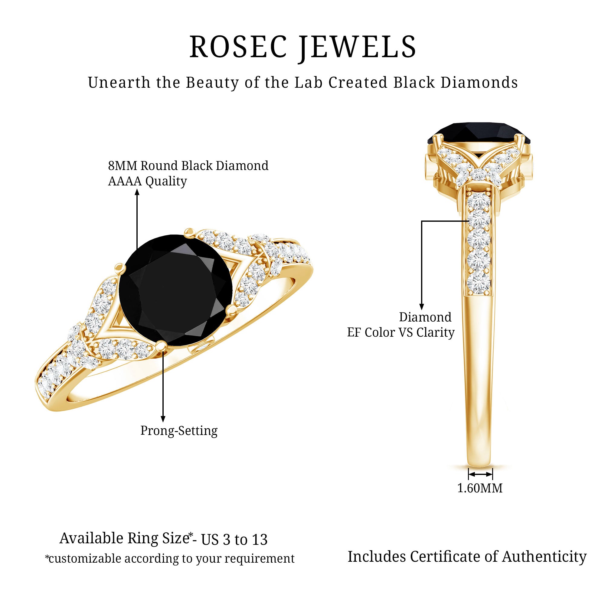 Lab Grown Black Diamond Solitaire Engagement Ring AAAA ( Synthetic ) - Rosec Jewels