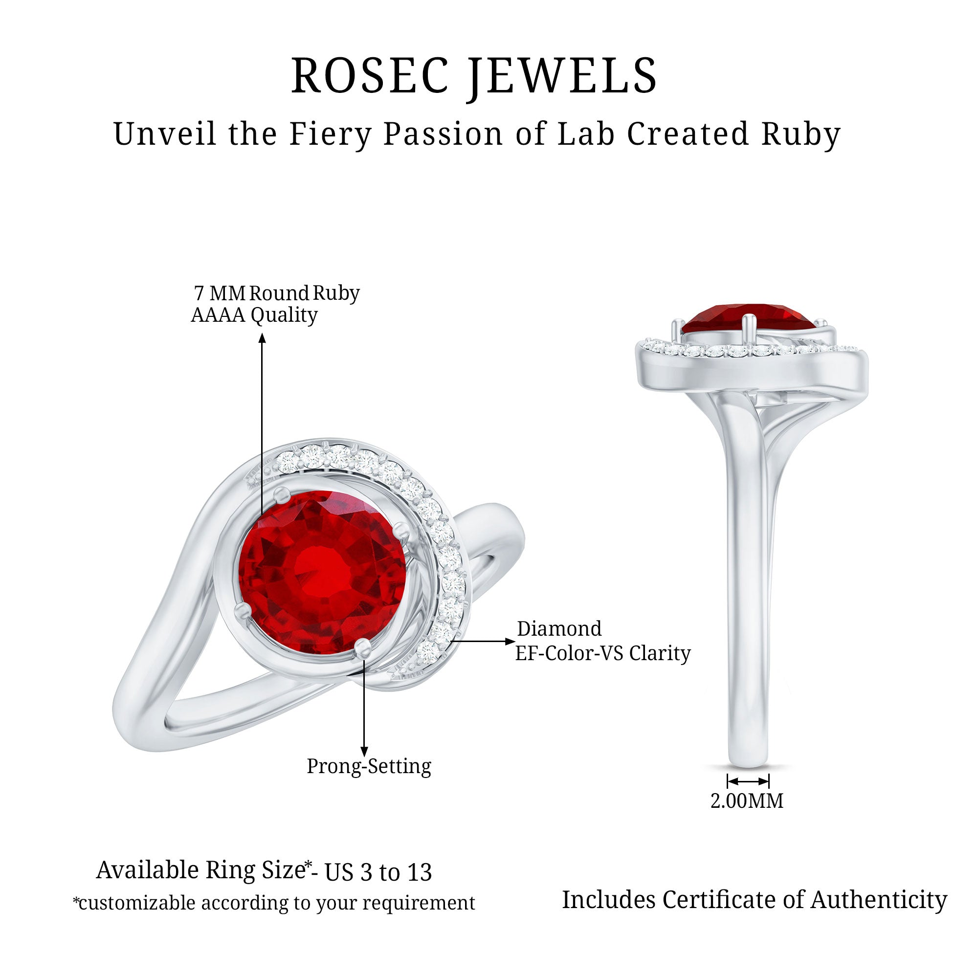 Certified 7MM Lab Created Ruby Engagement Ring with Diamond Half Halo AAAA - Rosec Jewels