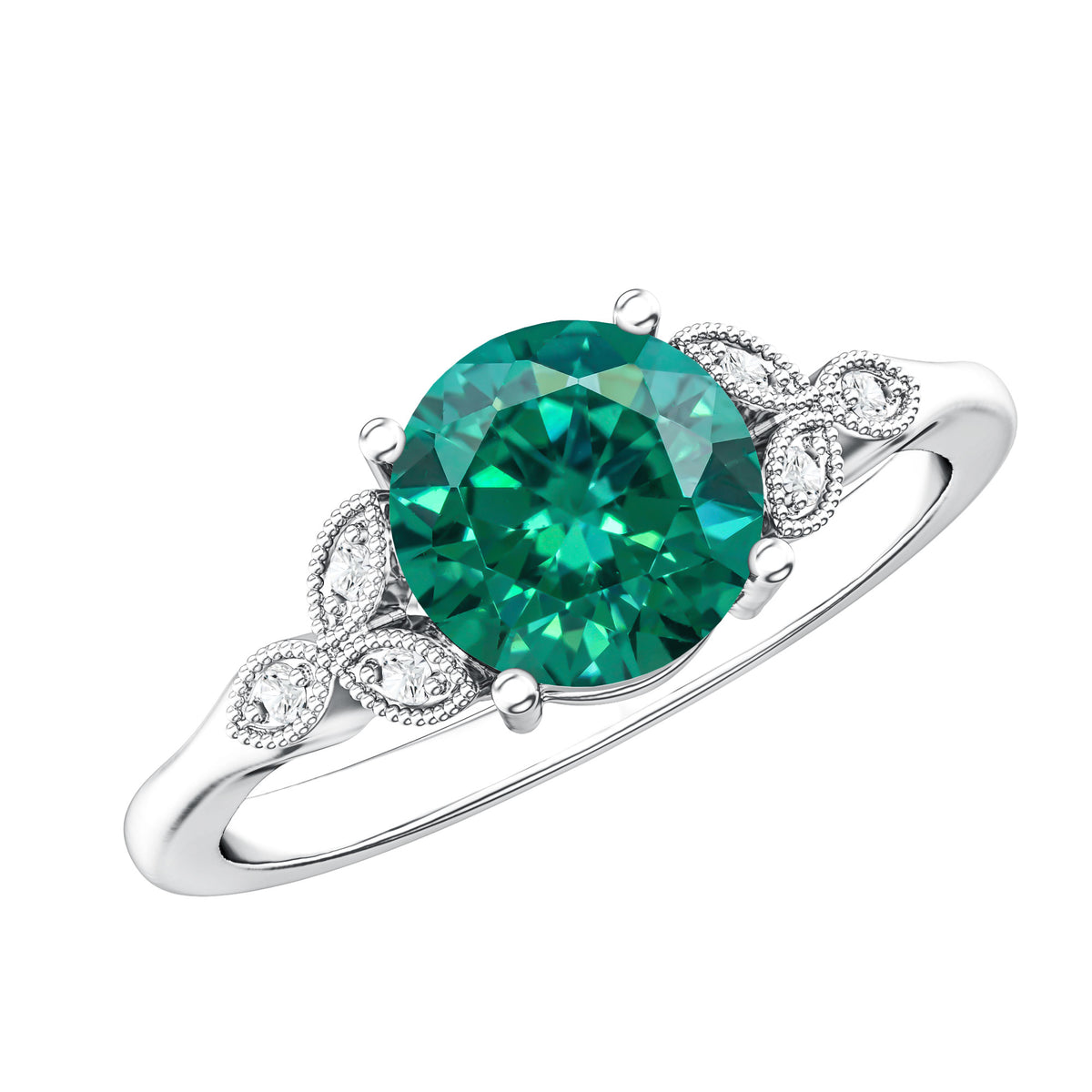 Lab Created Emerald Solitaire Engagement Ring With Diamond AAAA - Rosec Jewels
