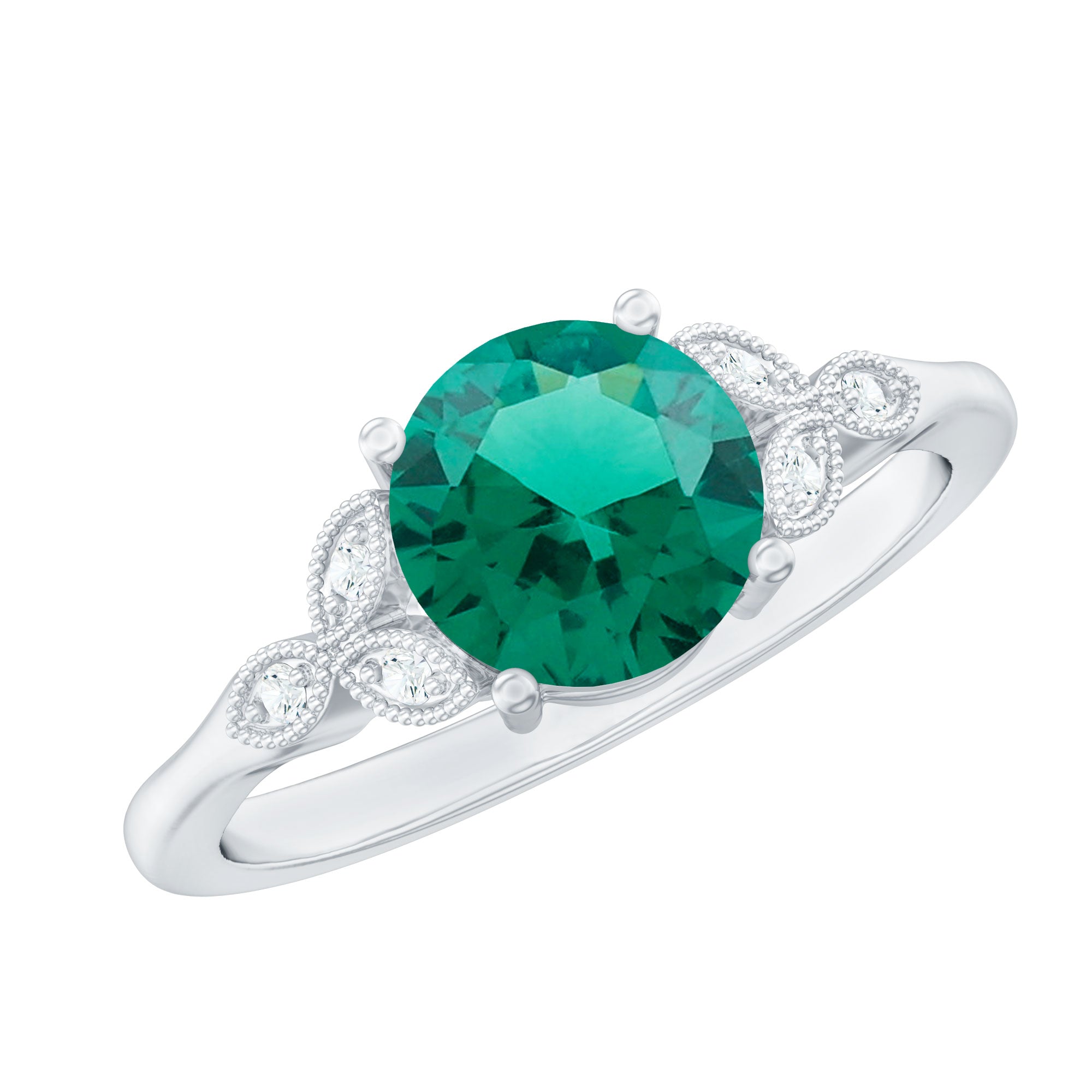 Rosec Jewels-Lab Created Emerald Solitaire Engagement Ring With Diamond