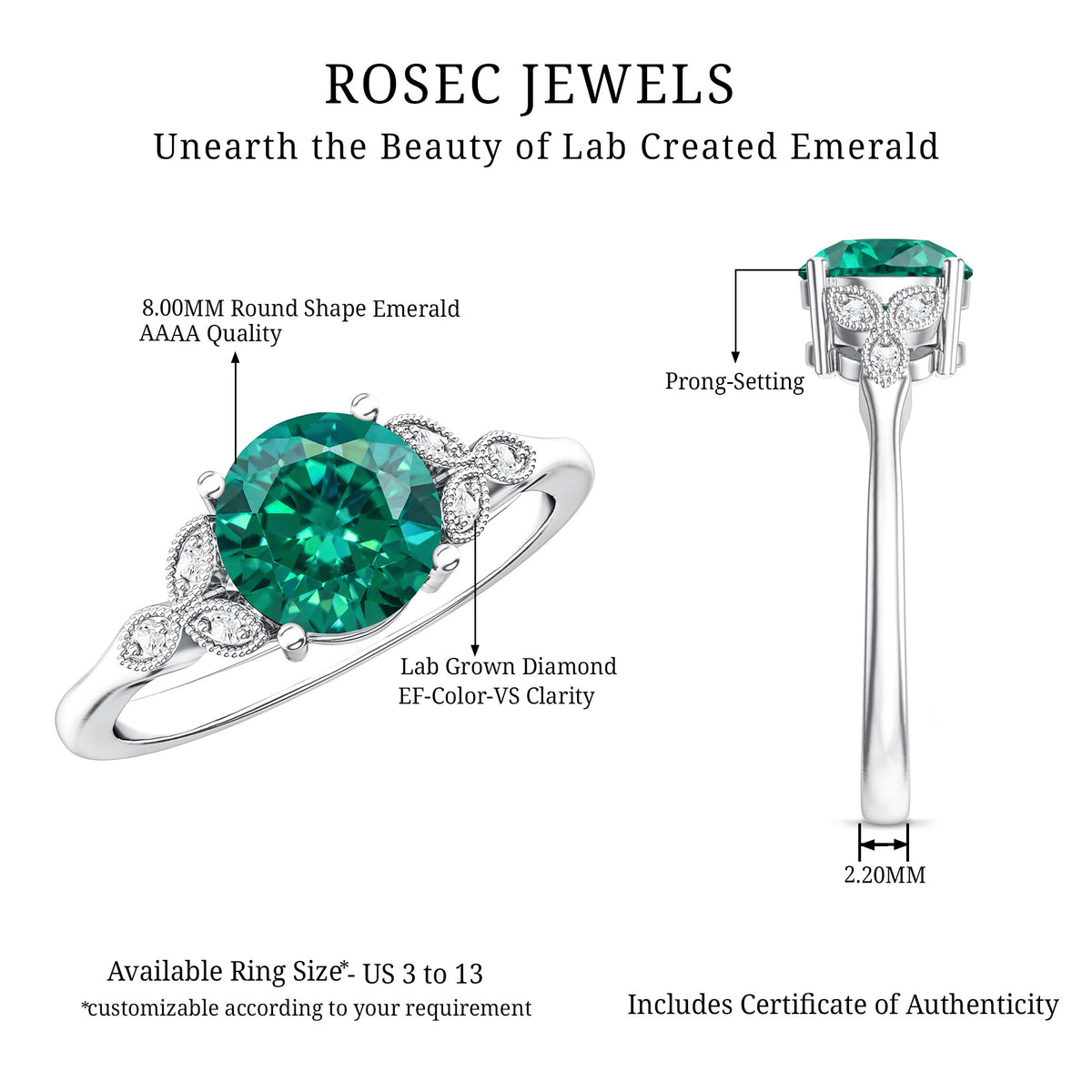 Lab Created Emerald Solitaire Engagement Ring With Diamond AAAA - Rosec Jewels