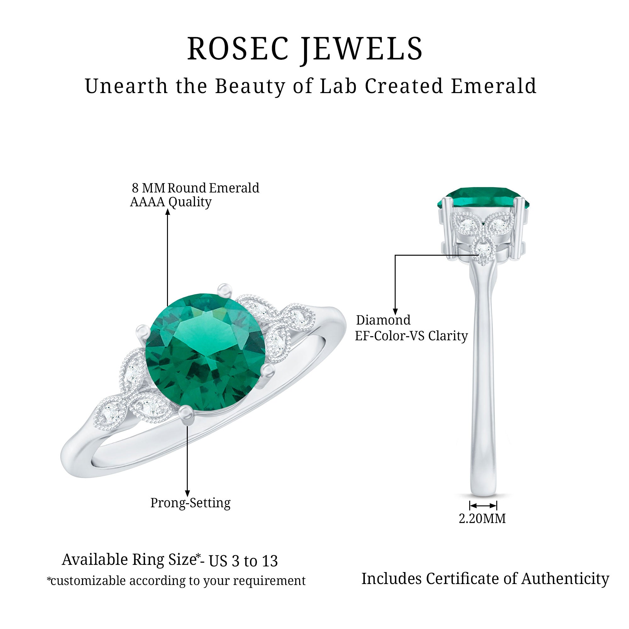 Rosec Jewels-Lab Created Emerald Solitaire Engagement Ring With Diamond