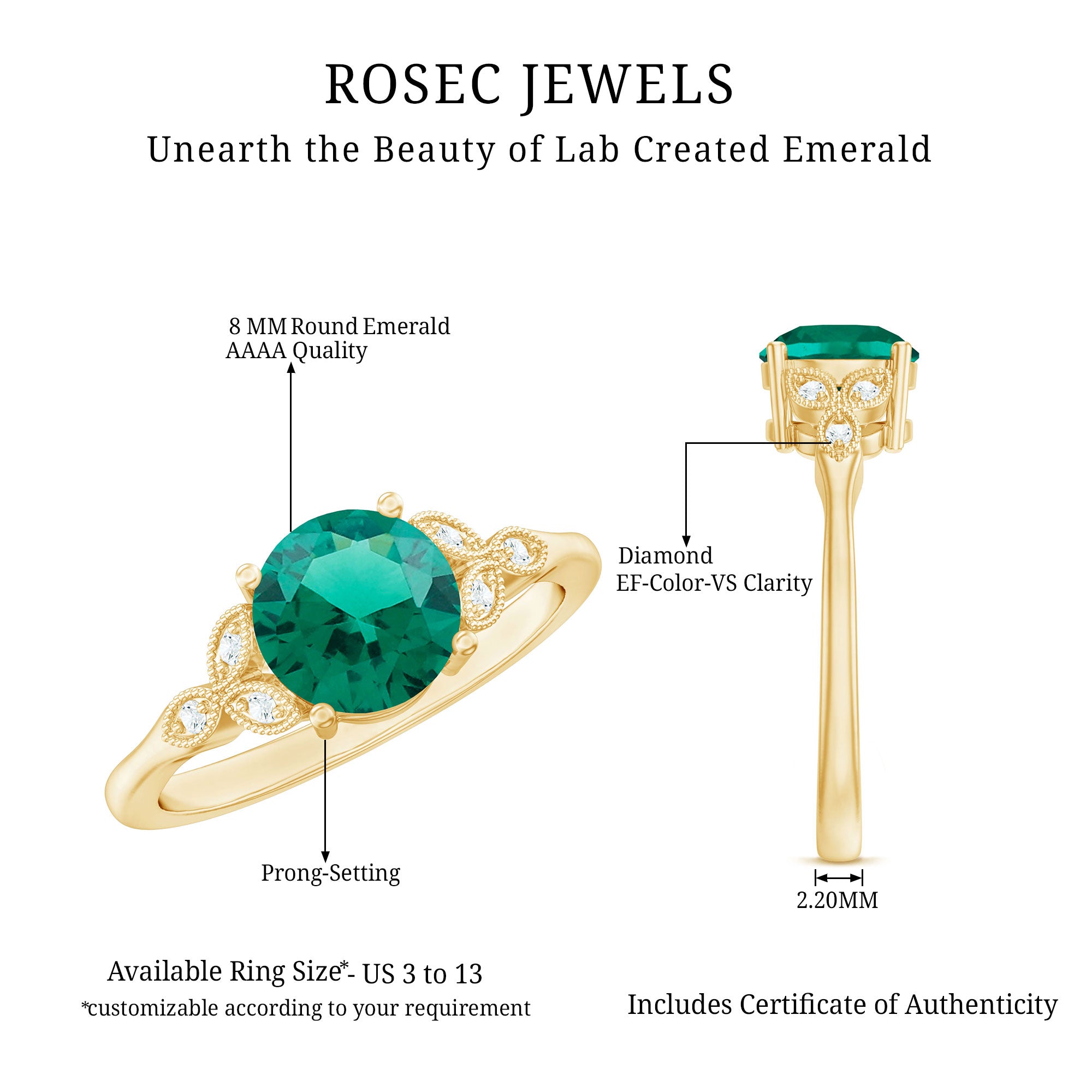 Rosec Jewels-Lab Created Emerald Solitaire Engagement Ring With Diamond