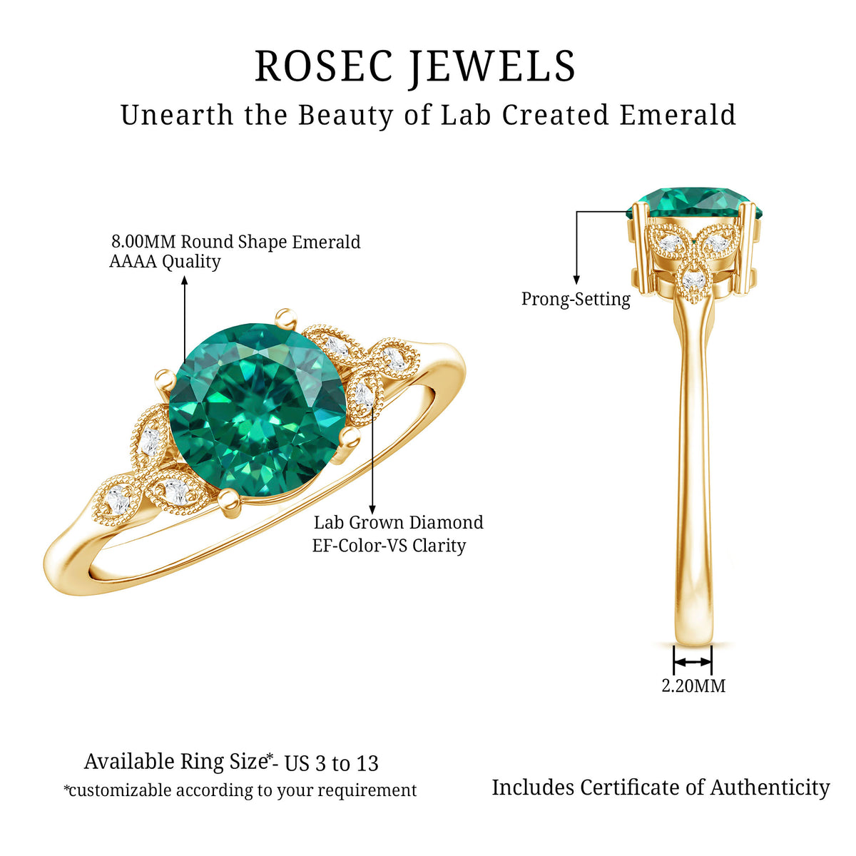 Lab Created Emerald Solitaire Engagement Ring With Diamond AAAA - Rosec Jewels