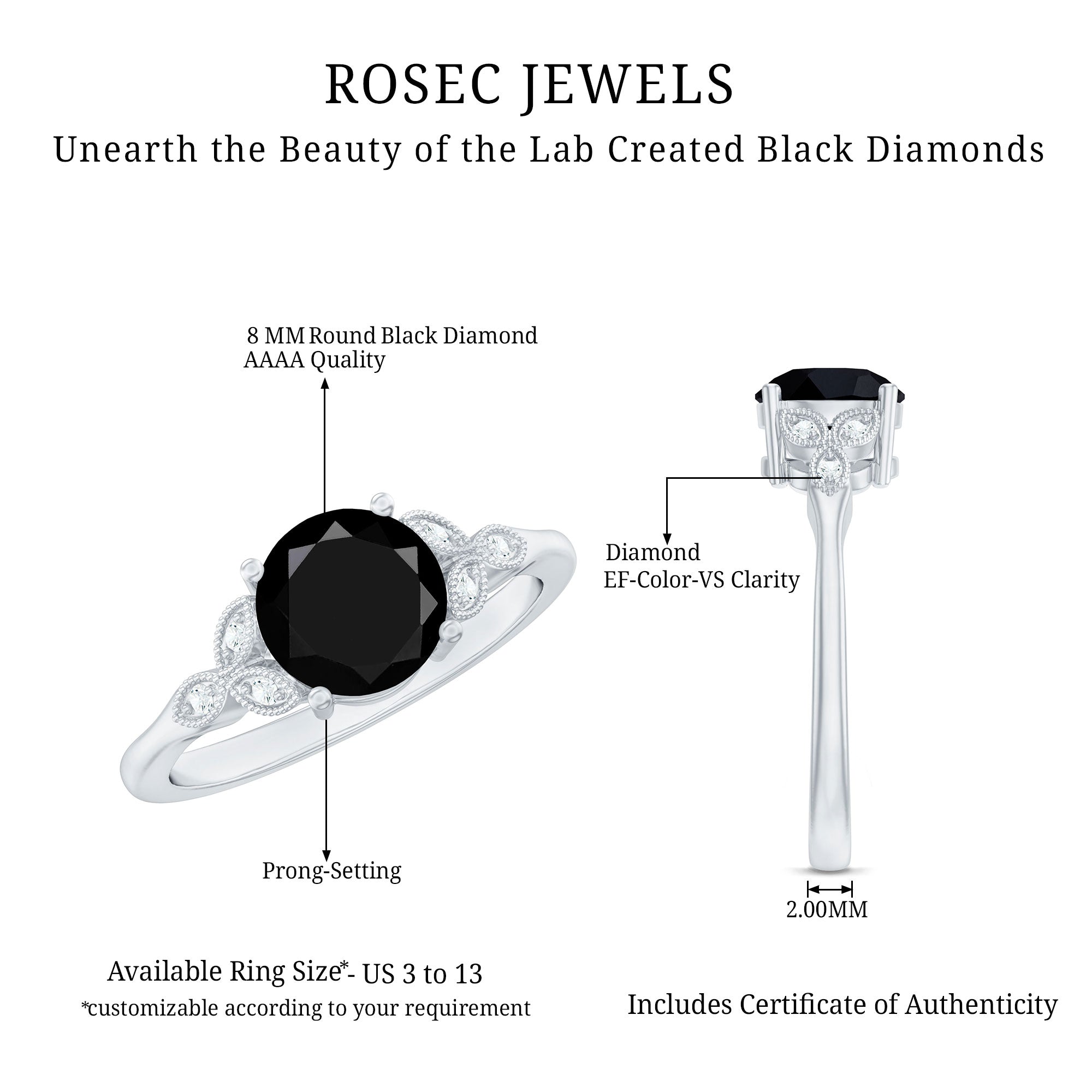 Certified 2 Carat Lab Grown Black Diamond Solitaire Engagement Ring with White Diamond AAAA ( Synthetic ) - Rosec Jewels