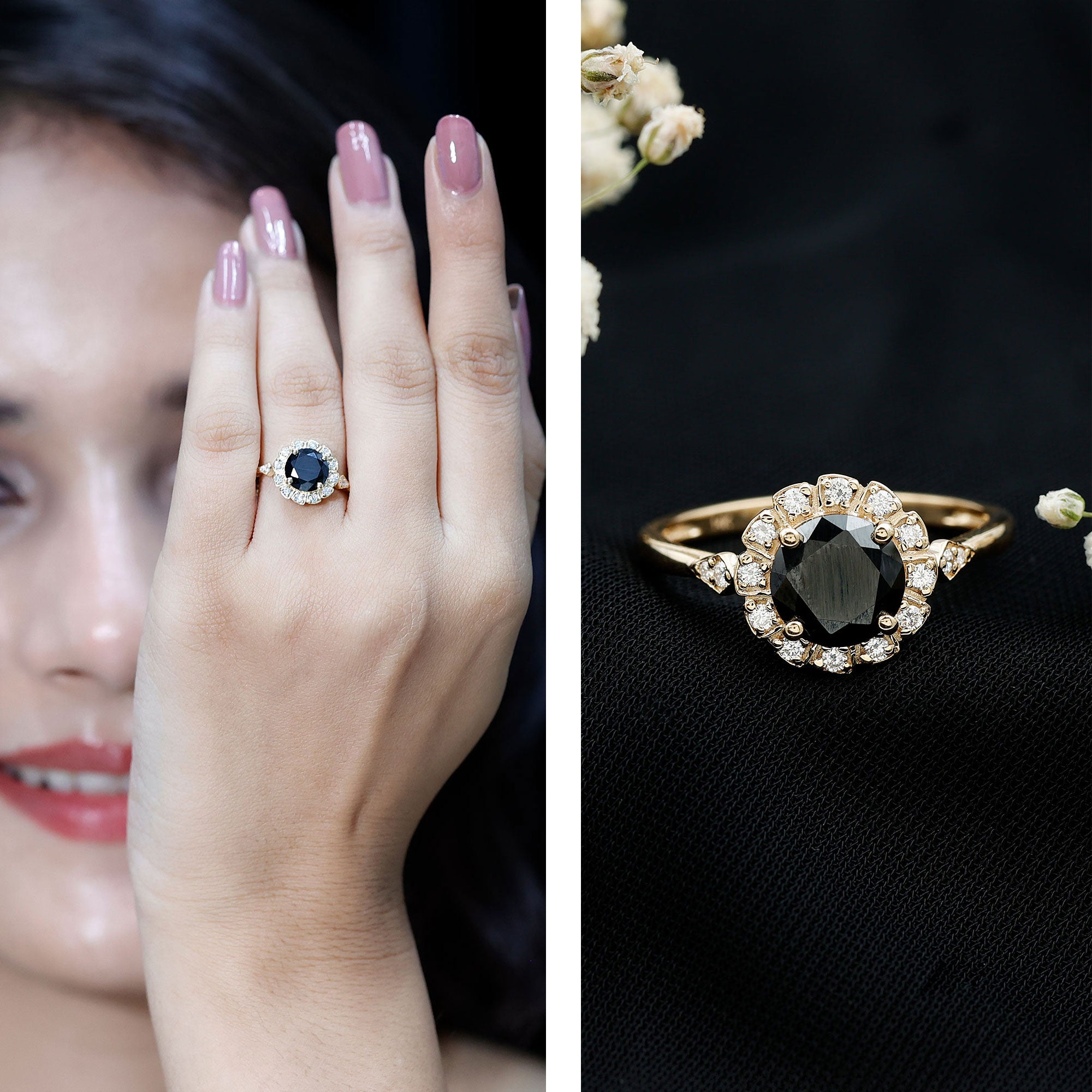 Rosec Jewels-Certified Lab Grown Black Diamond Engagement Ring with Diamond Accent