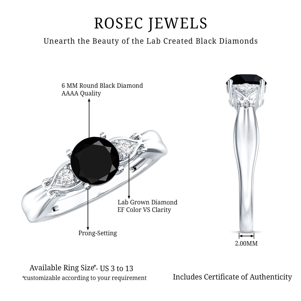Certified 1.3 Carat Lab Grown Black Diamond Engagement Ring with White Diamond AAAA ( Synthetic ) - Rosec Jewels
