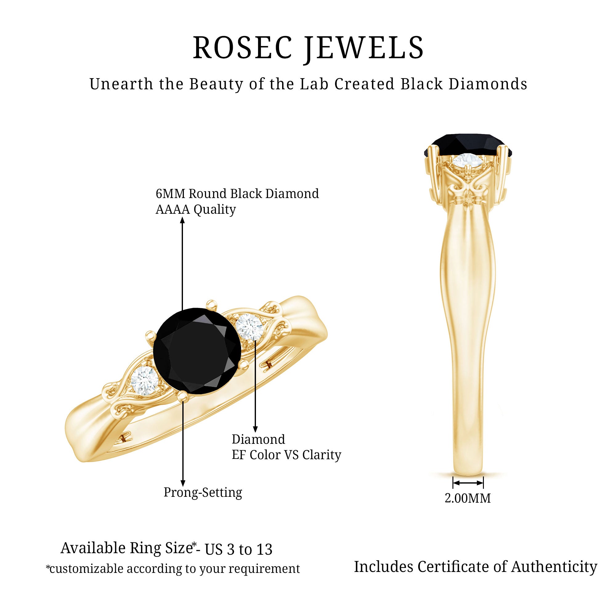 Certified 1.3 Carat Lab Grown Black Diamond Engagement Ring with White Diamond AAAA ( Synthetic ) - Rosec Jewels