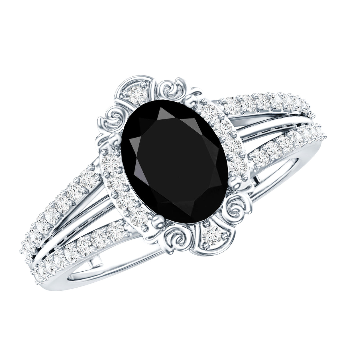 Vintage Style 1.9 Carat Lab Grown Black Diamond Oval Engagement Ring with Diamond Halo AAAA ( Synthetic ) - Rosec Jewels