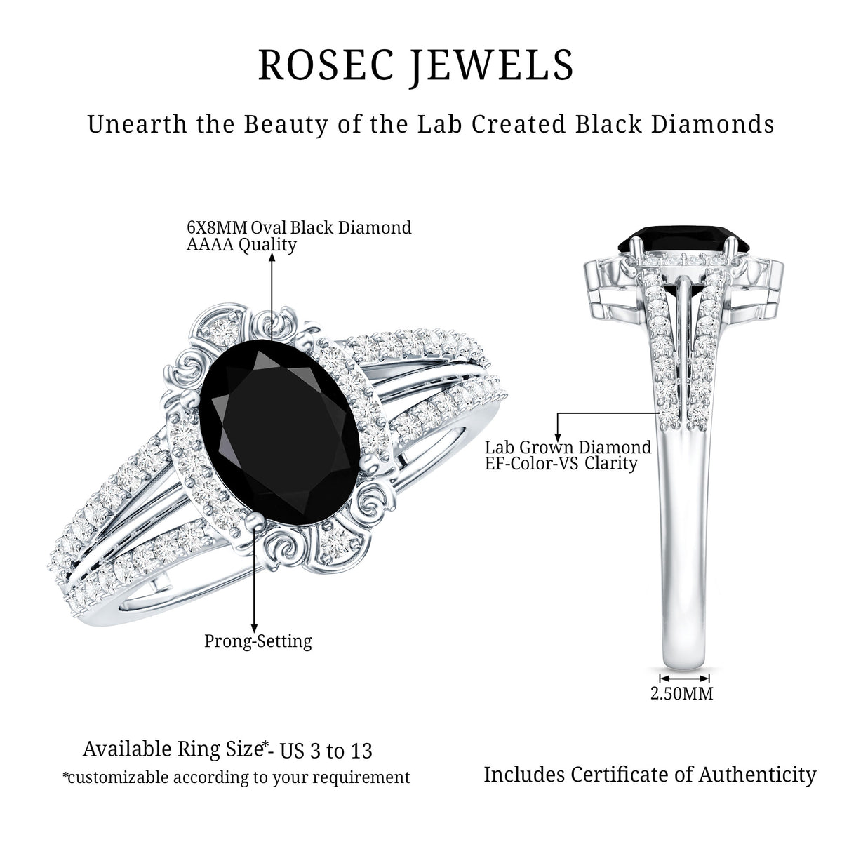 Vintage Style 1.9 Carat Lab Grown Black Diamond Oval Engagement Ring with Diamond Halo AAAA ( Synthetic ) - Rosec Jewels