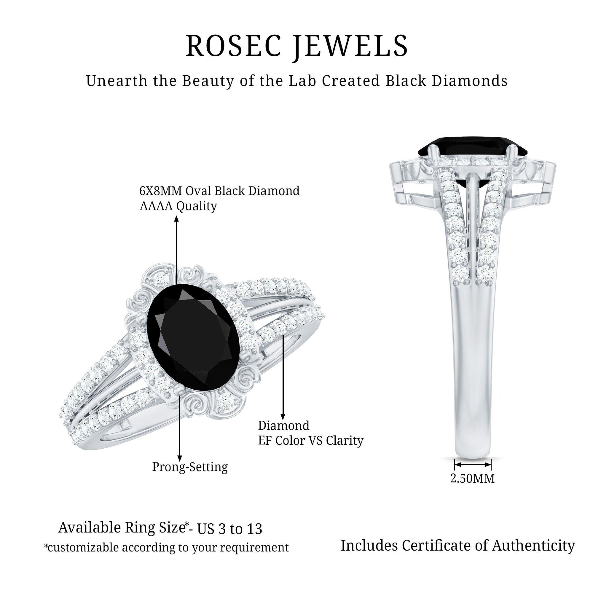 Rosec Jewels-Vintage Style 1.9 Carat Lab Grown Black Diamond Oval Engagement Ring with Diamond Halo