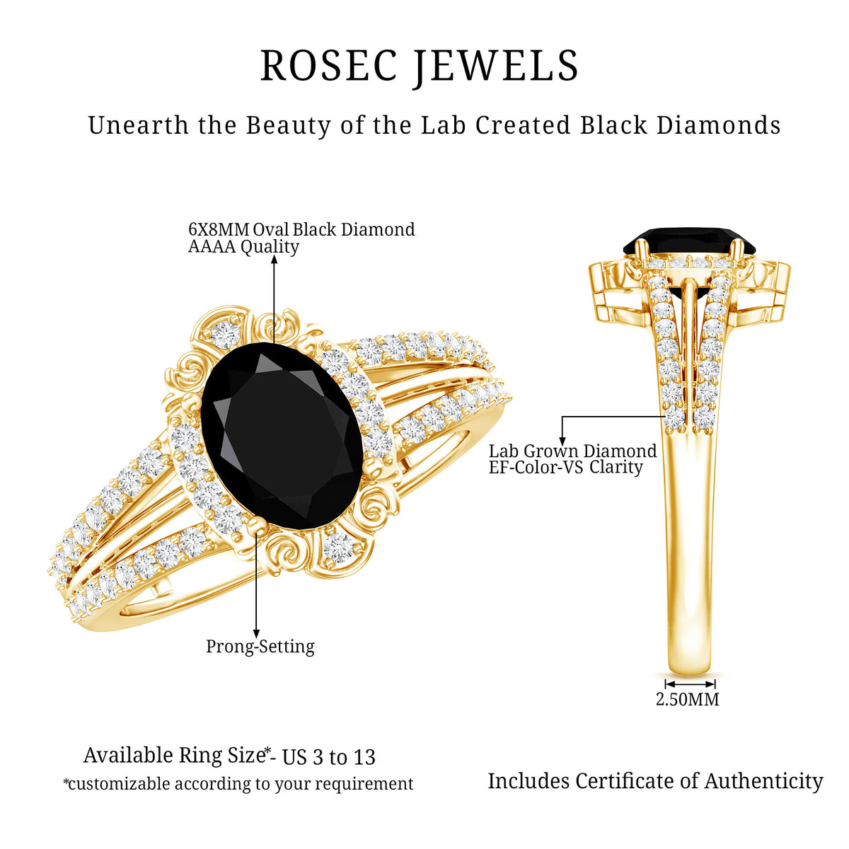 Vintage Style 1.9 Carat Lab Grown Black Diamond Oval Engagement Ring with Diamond Halo AAAA ( Synthetic ) - Rosec Jewels