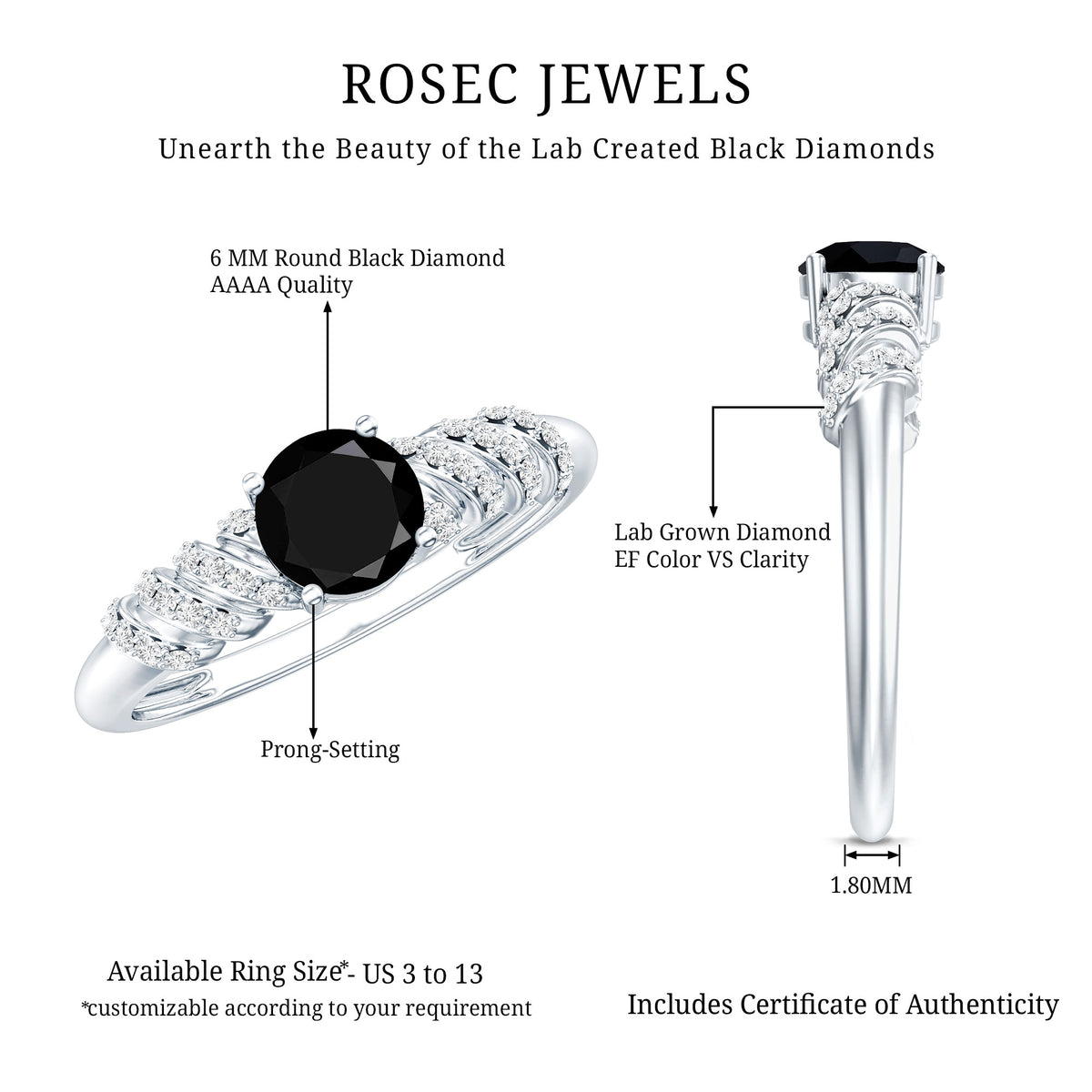 Lab Grown Black Diamond Solitaire Promise Ring With Diamond AAAA ( Synthetic ) - Rosec Jewels