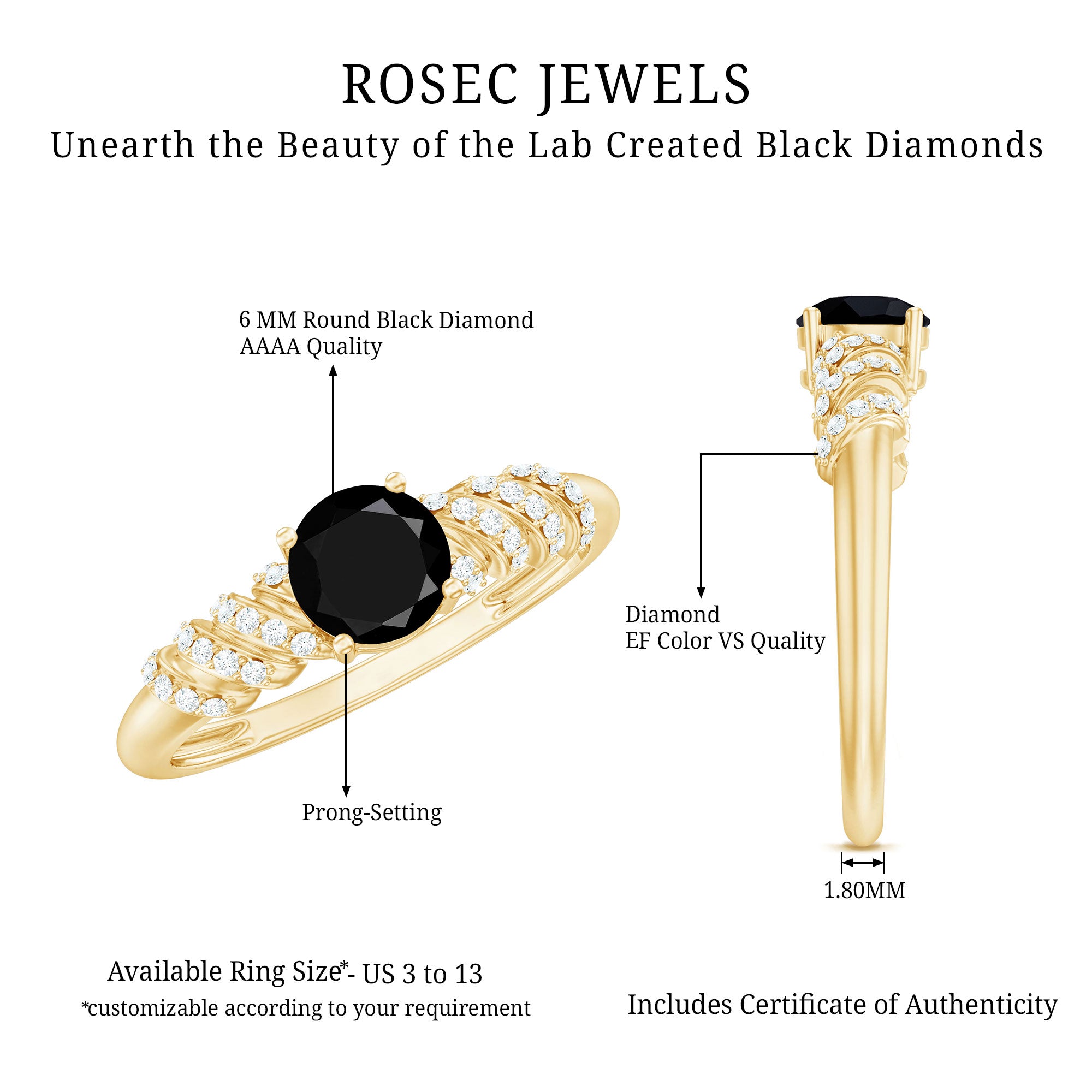 Rosec Jewels-Lab Grown Black Diamond Solitaire Promise Ring With Diamond