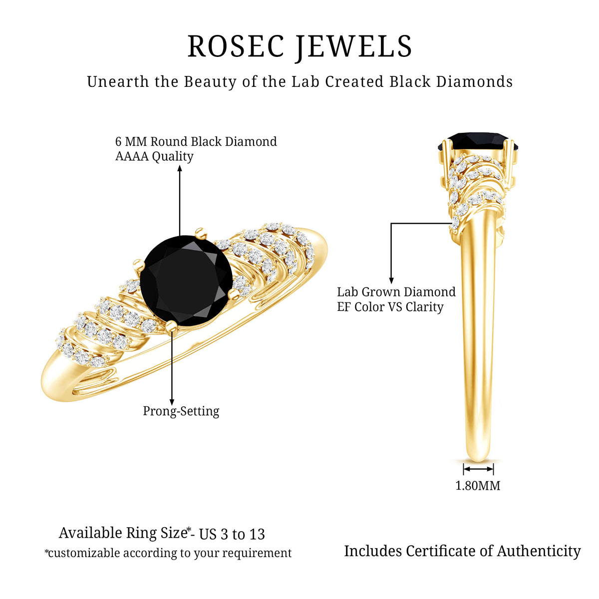 Lab Grown Black Diamond Solitaire Promise Ring With Diamond AAAA ( Synthetic ) - Rosec Jewels