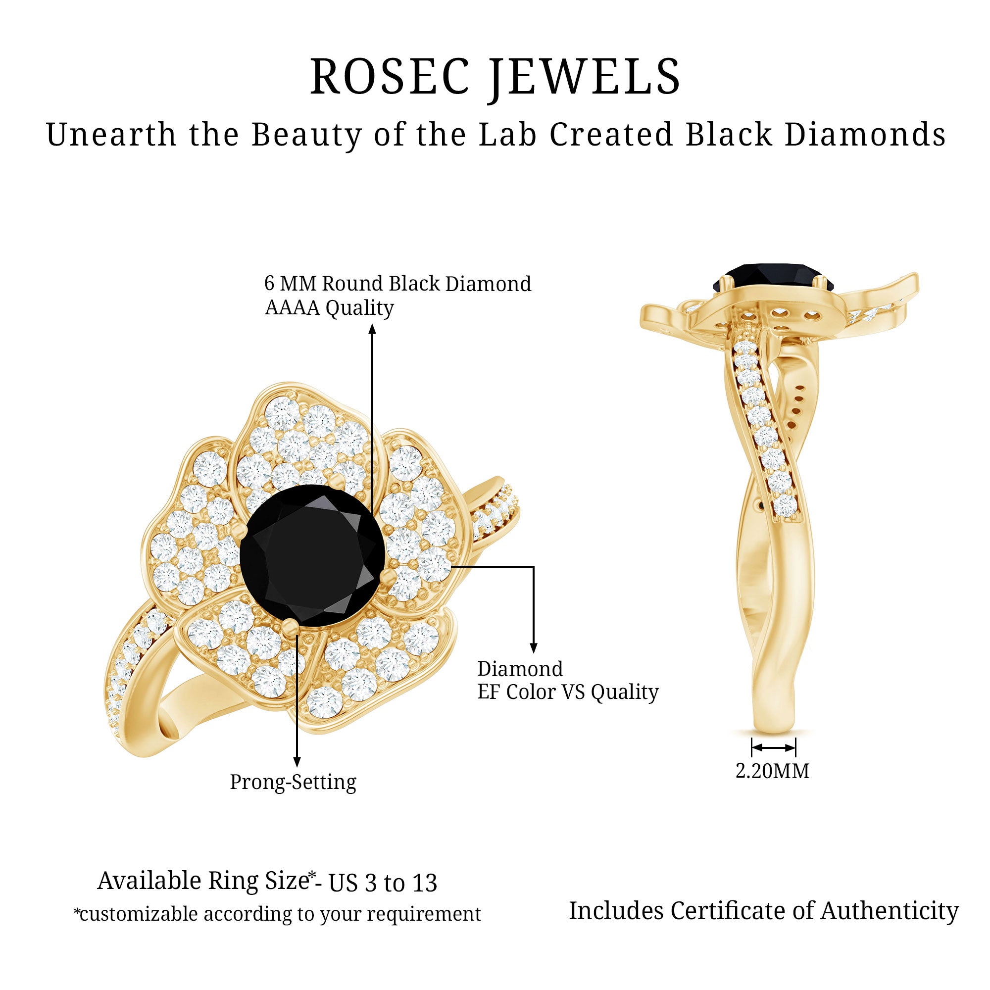 1.3 Carat Lab Grown Black Diamond Flower Engagement Ring with White Diamond AAAA ( Synthetic ) - Rosec Jewels