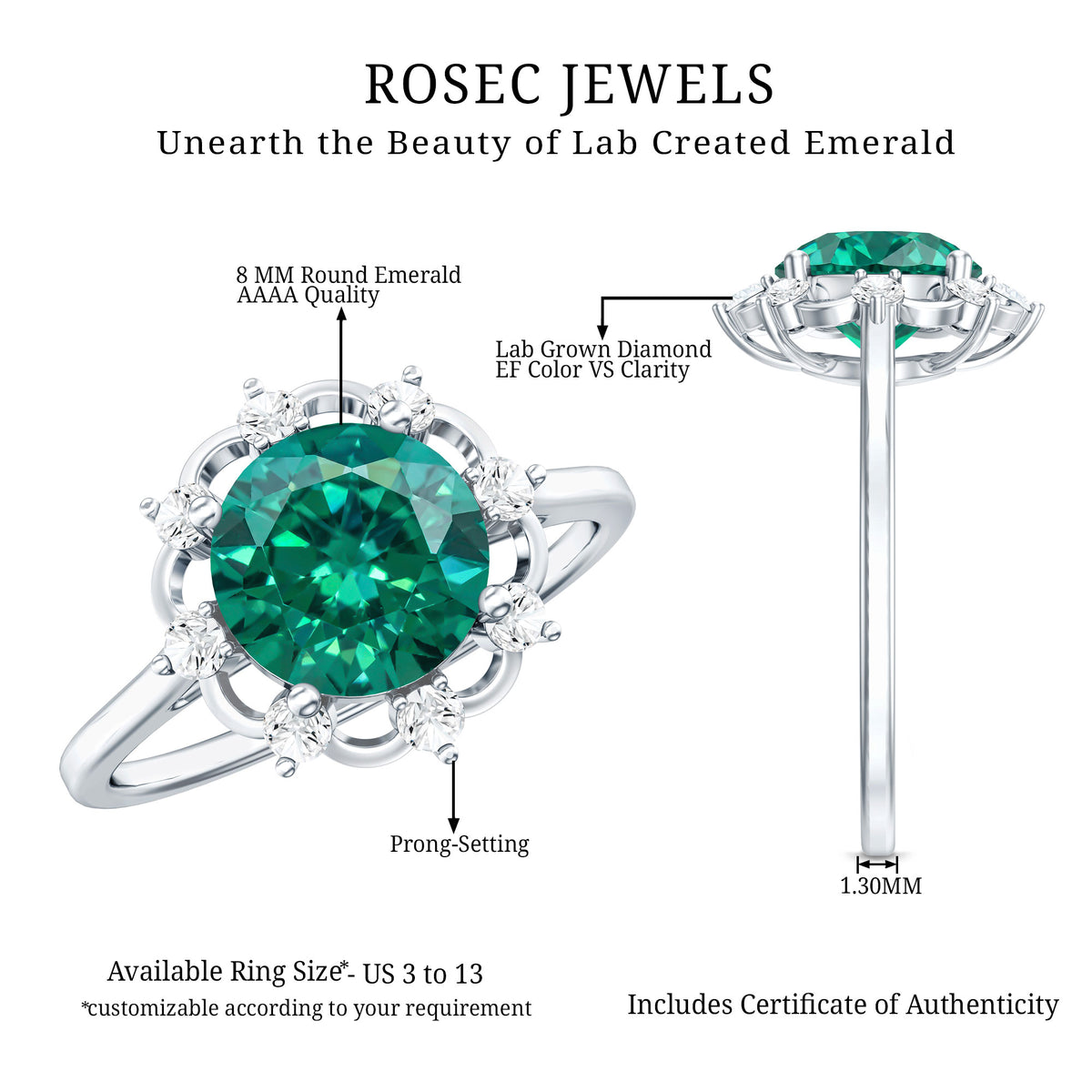 Lab Grown Emerald Designer Flower Engagement Ring AAAA - Rosec Jewels